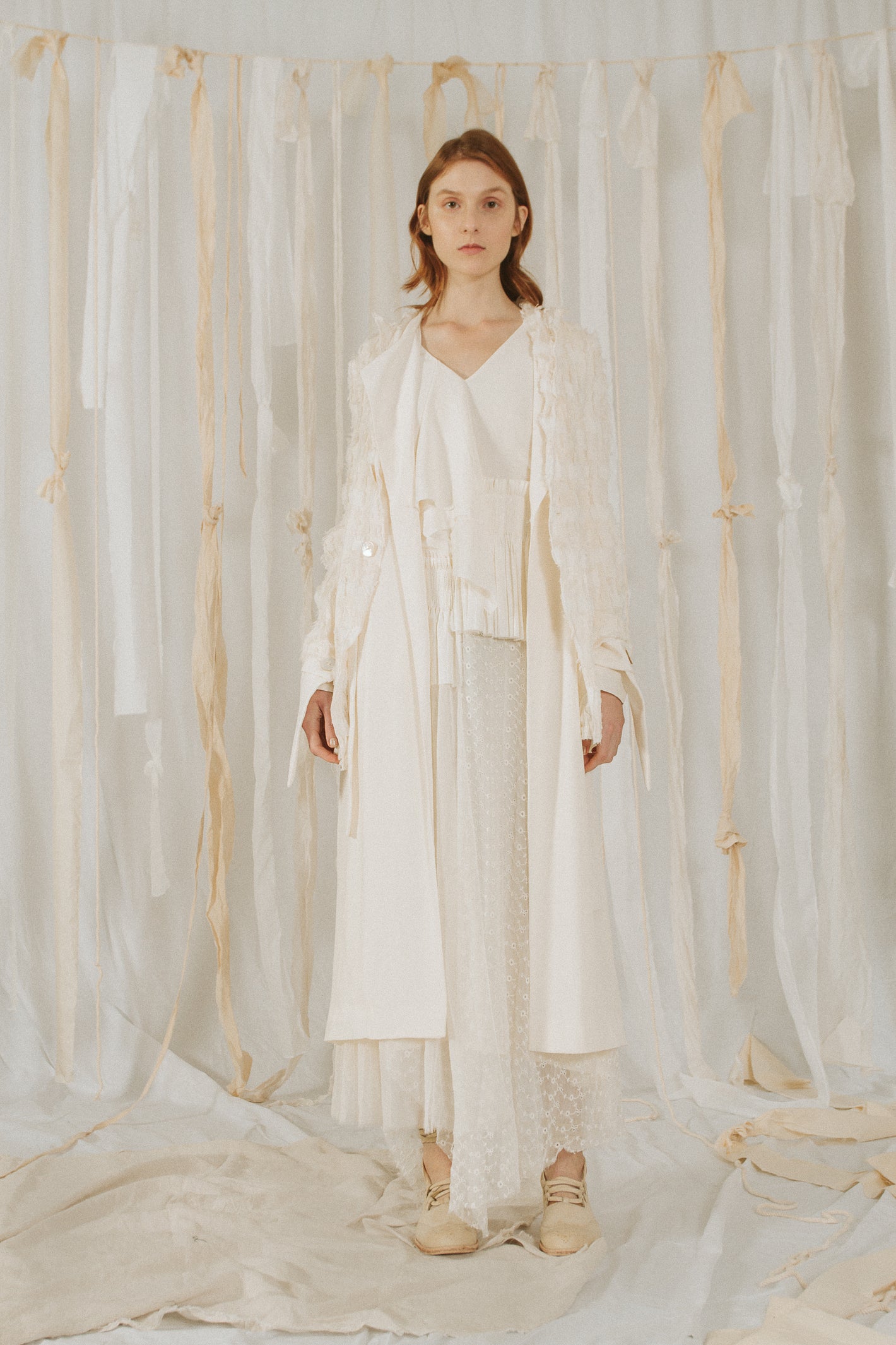 A Tentative Atelier SS18 Lookbook Womens white multi layered long coat