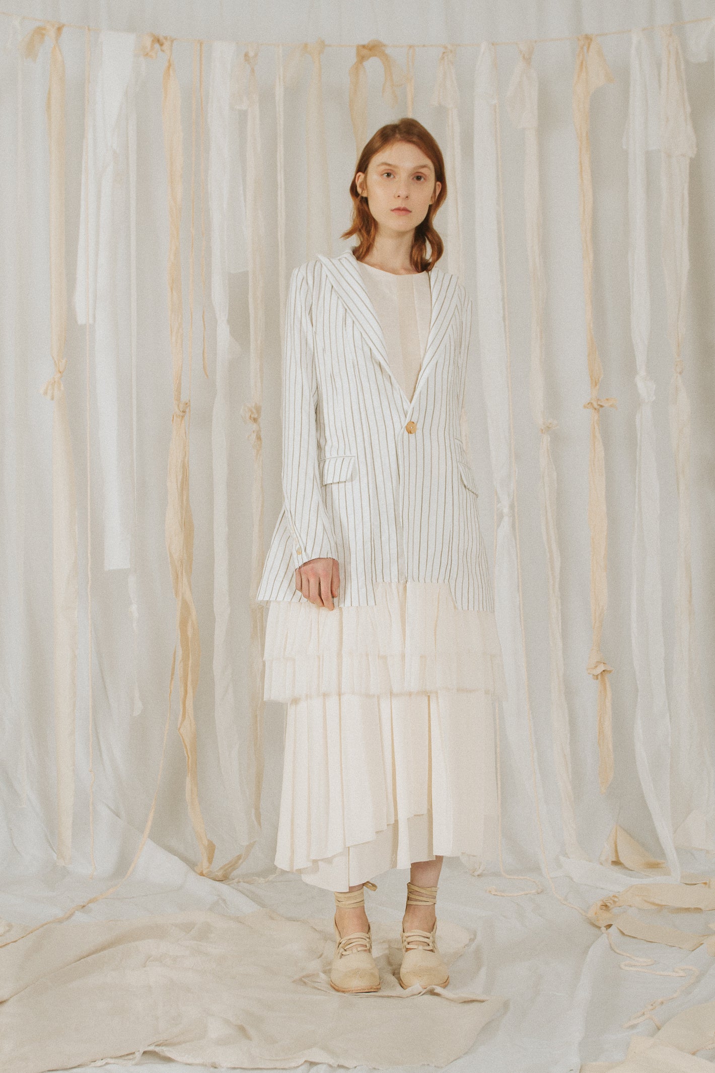 A Tentative Atelier SS18 Lookbook Womens white striped jacket