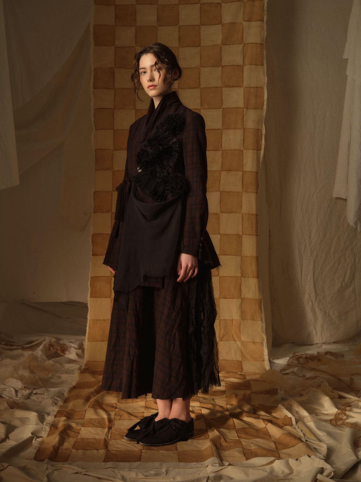 A Tentative Atelier AW21 Lookbook Womens checked brown jacket with tulle appliqué