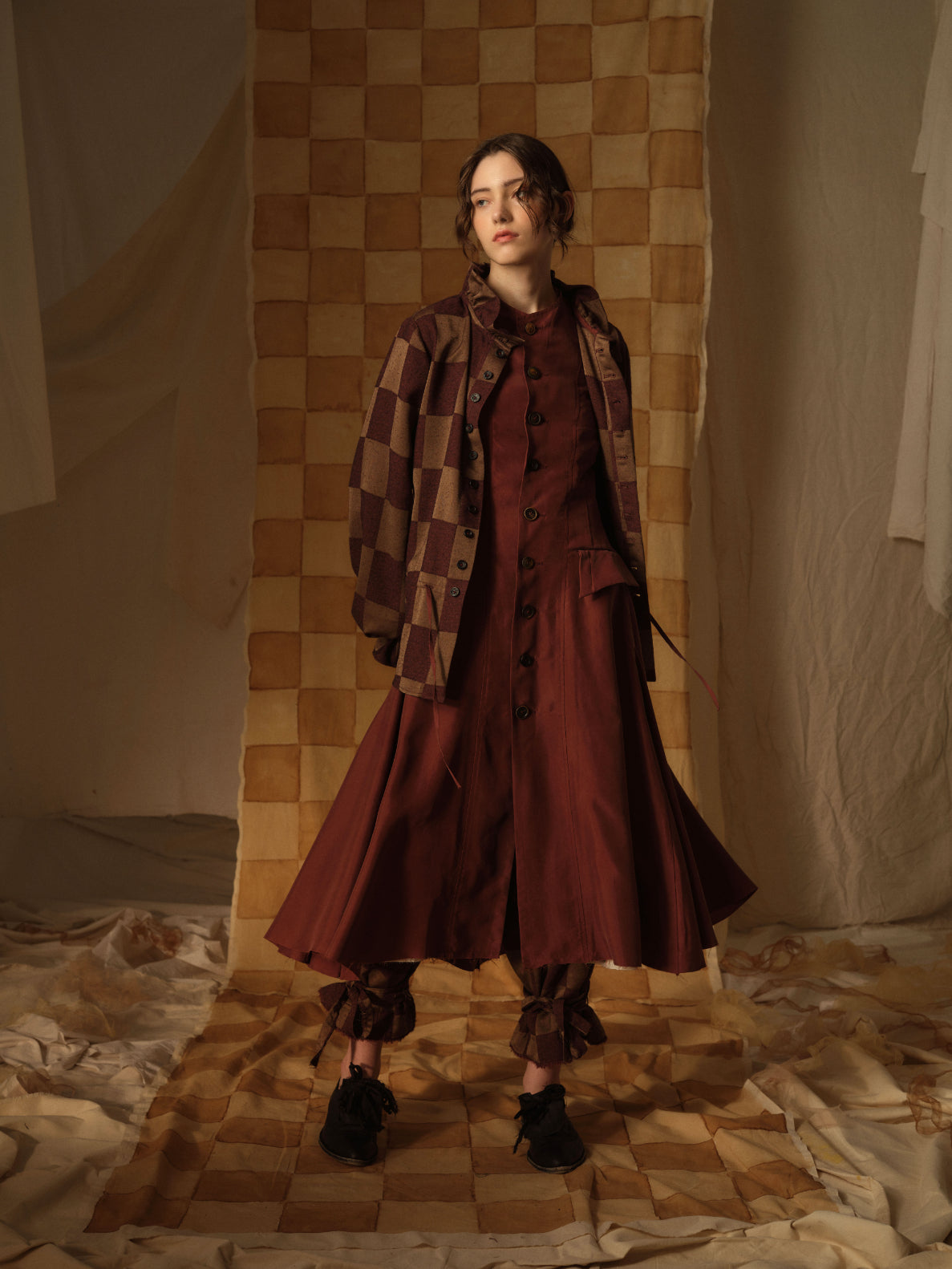 A Tentative Atelier AW21 Lookbook Womens checked brown jacket and red tunic shirt dress