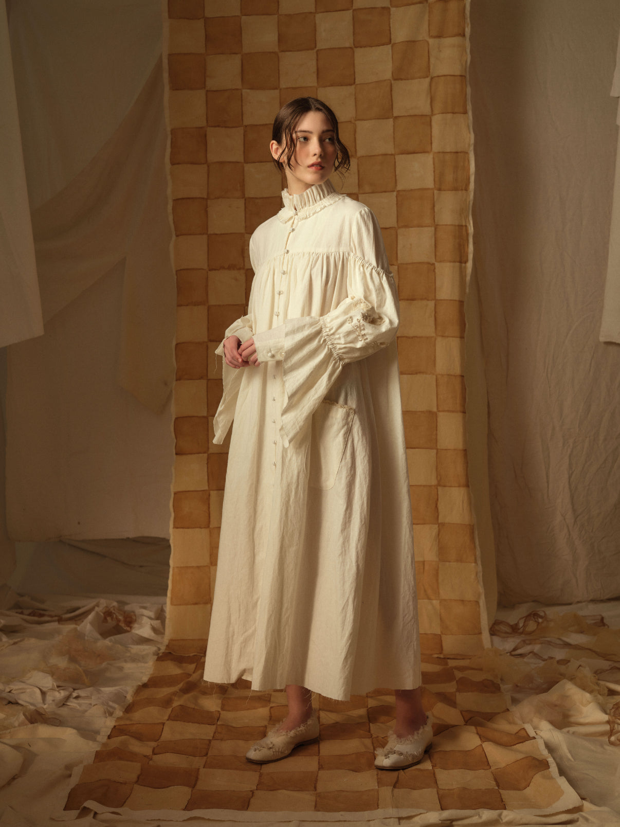 A Tentative Atelier AW21 Lookbook Womens white shirt dress with ruffle collar and ruched long sleeves
