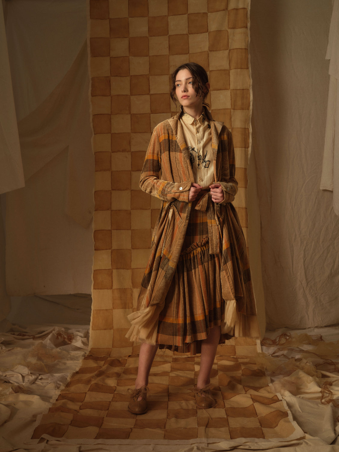 A Tentative Atelier AW21 Lookbook Womens brown and orange stripes velvet coat with ruffle hem