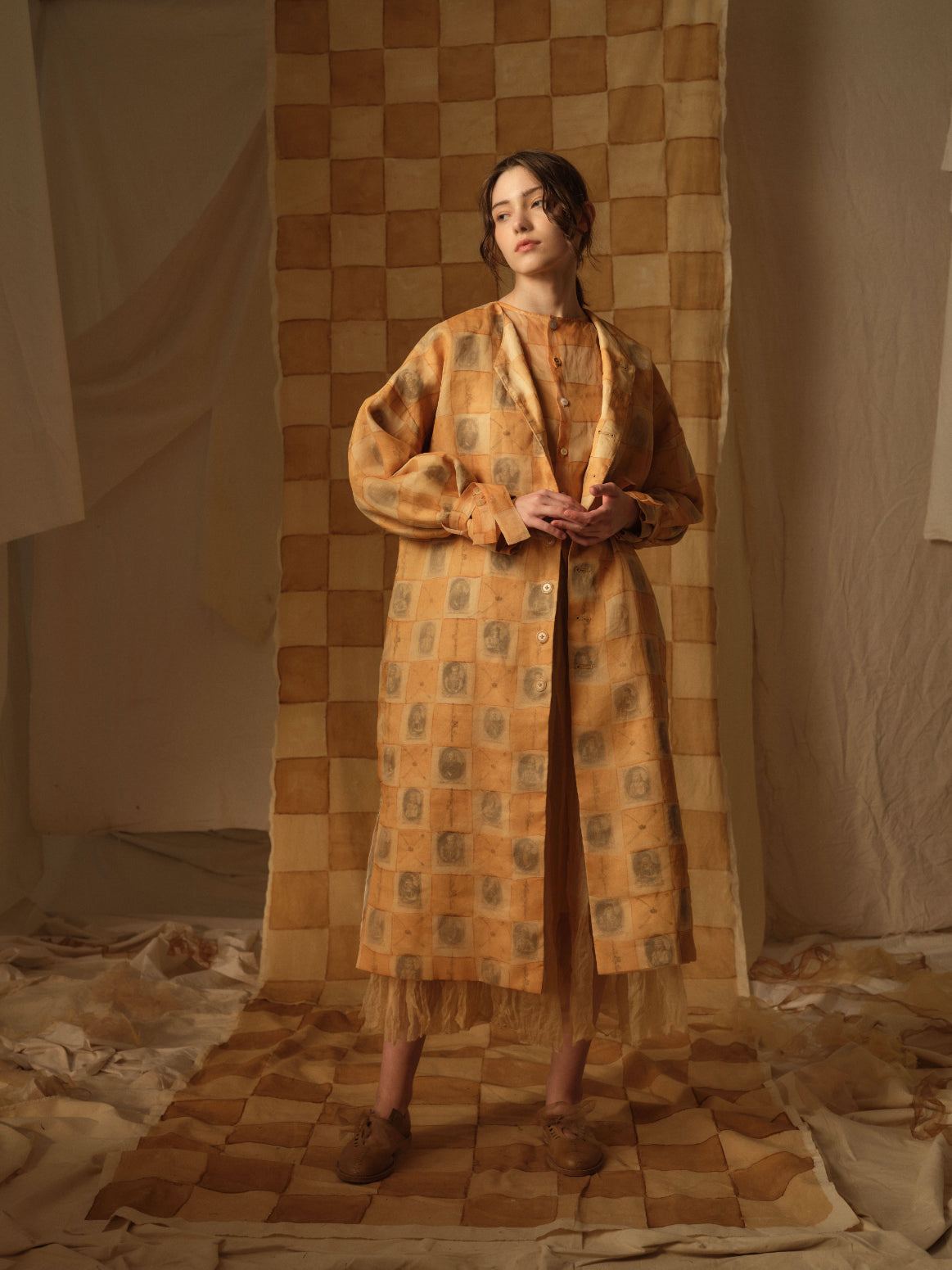 A Tentative Atelier AW21 Lookbook Womens orange and brown check coat