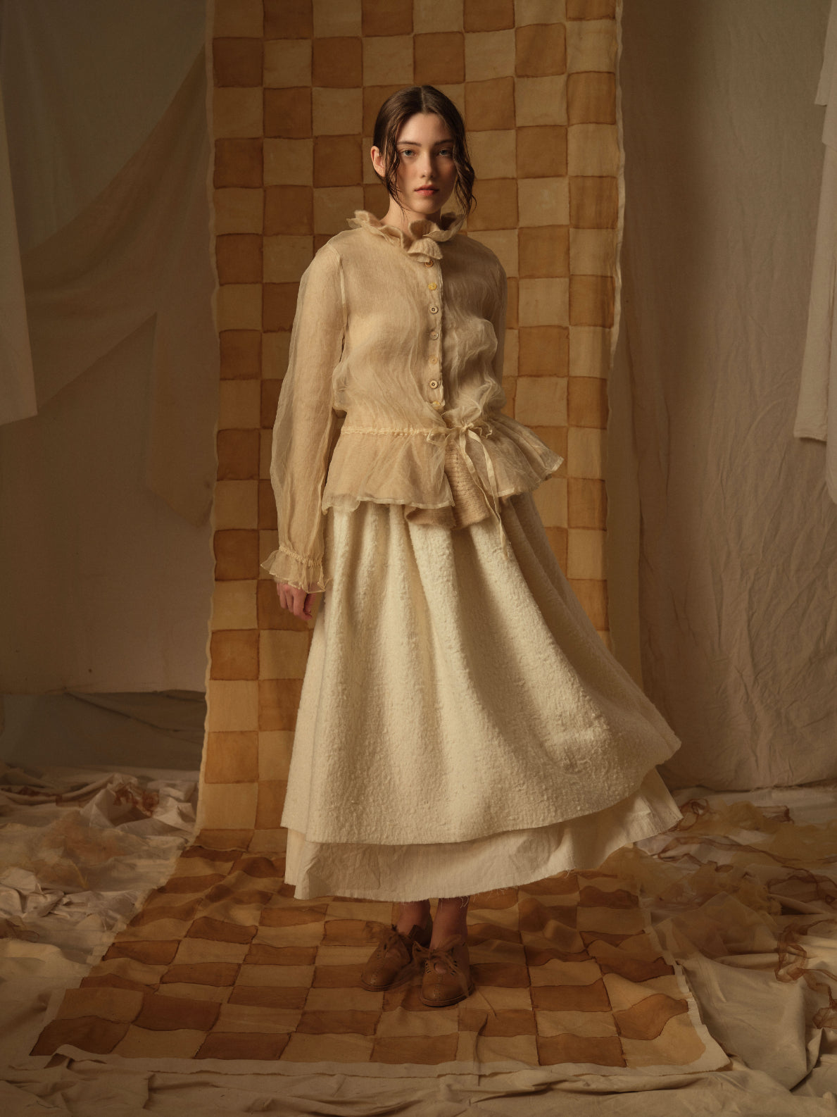 A Tentative Atelier AW21 Lookbook Womens beige tulle long sleeve top with ruffle collar and gathered waist