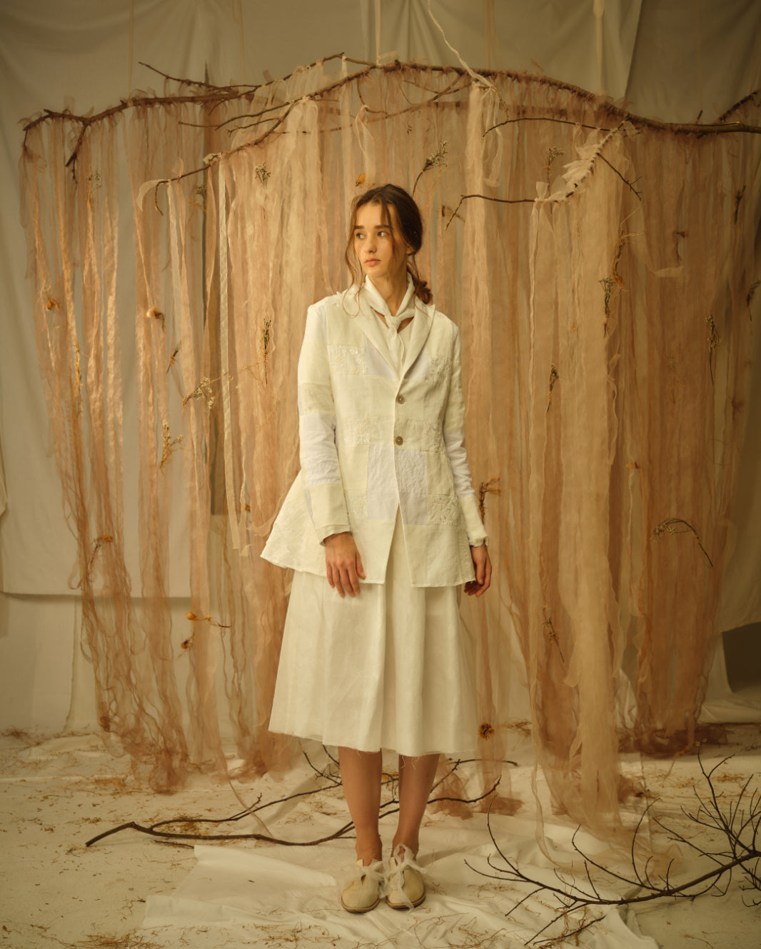 A Tentative Atelier SS21 Lookbook Womens cream patchwork jacket and skirt