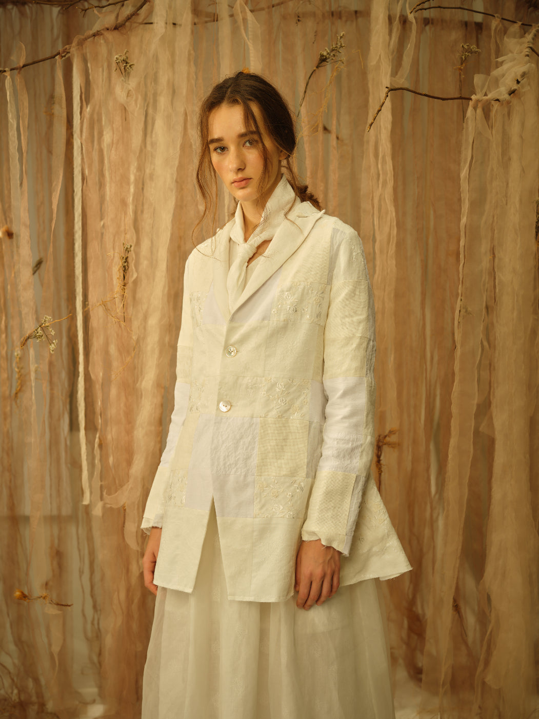 A Tentative Atelier SS21 Lookbook Womens crop of cream patchwork jacket