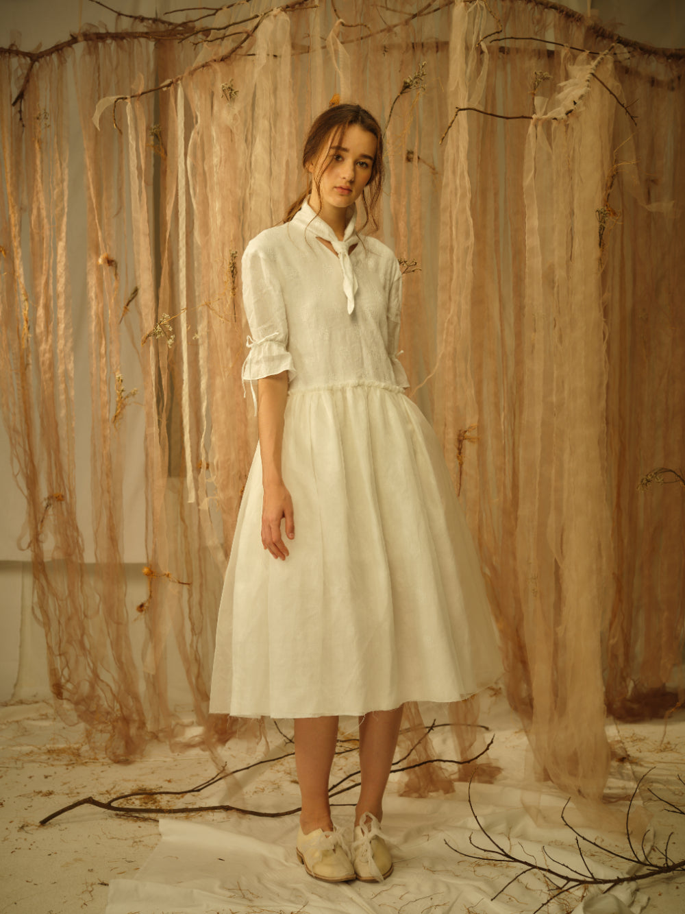 A Tentative Atelier SS21 Lookbook Womens white midi dress with gathered waist and tulle skirt