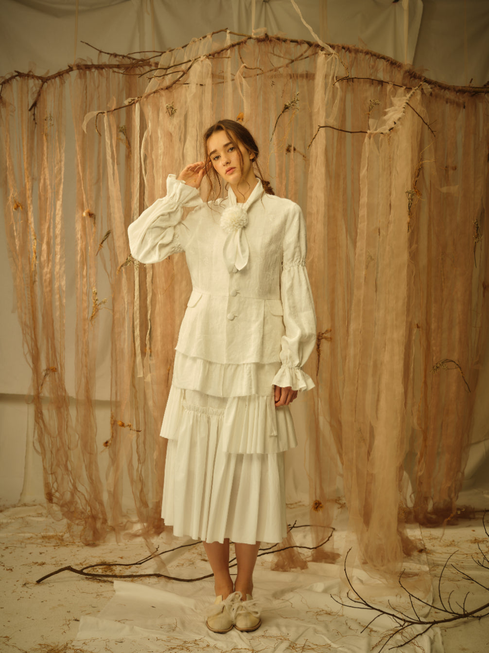 A Tentative Atelier SS21 Lookbook Womens white multi layered jacket and skirt