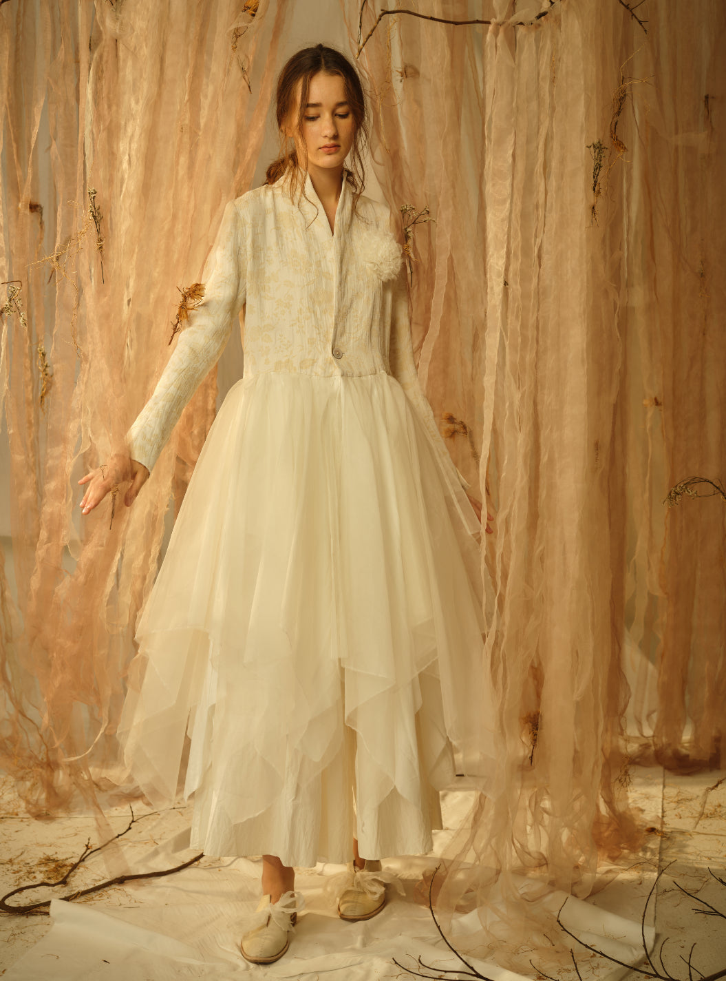 A Tentative Atelier SS21 Lookbook Womens white dress coat with multi layered tulle skirt