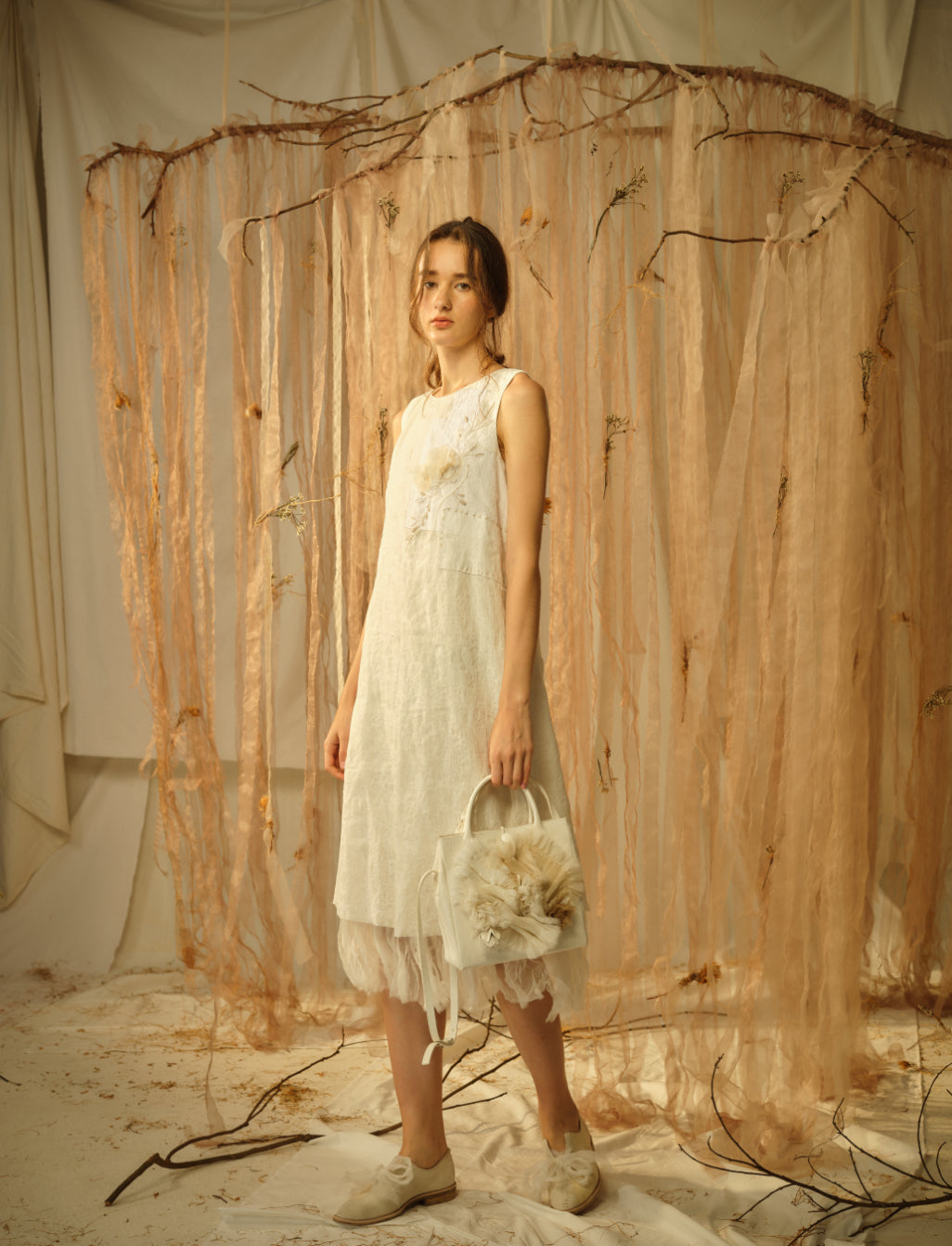 A Tentative Atelier SS21 Lookbook white sleeveless dress with tulle hem