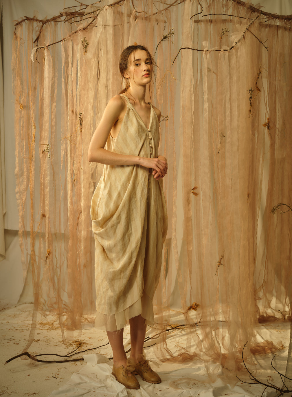 A Tentative Atelier SS21 Lookbook Womens draped brown check slip dress with ruffle hem