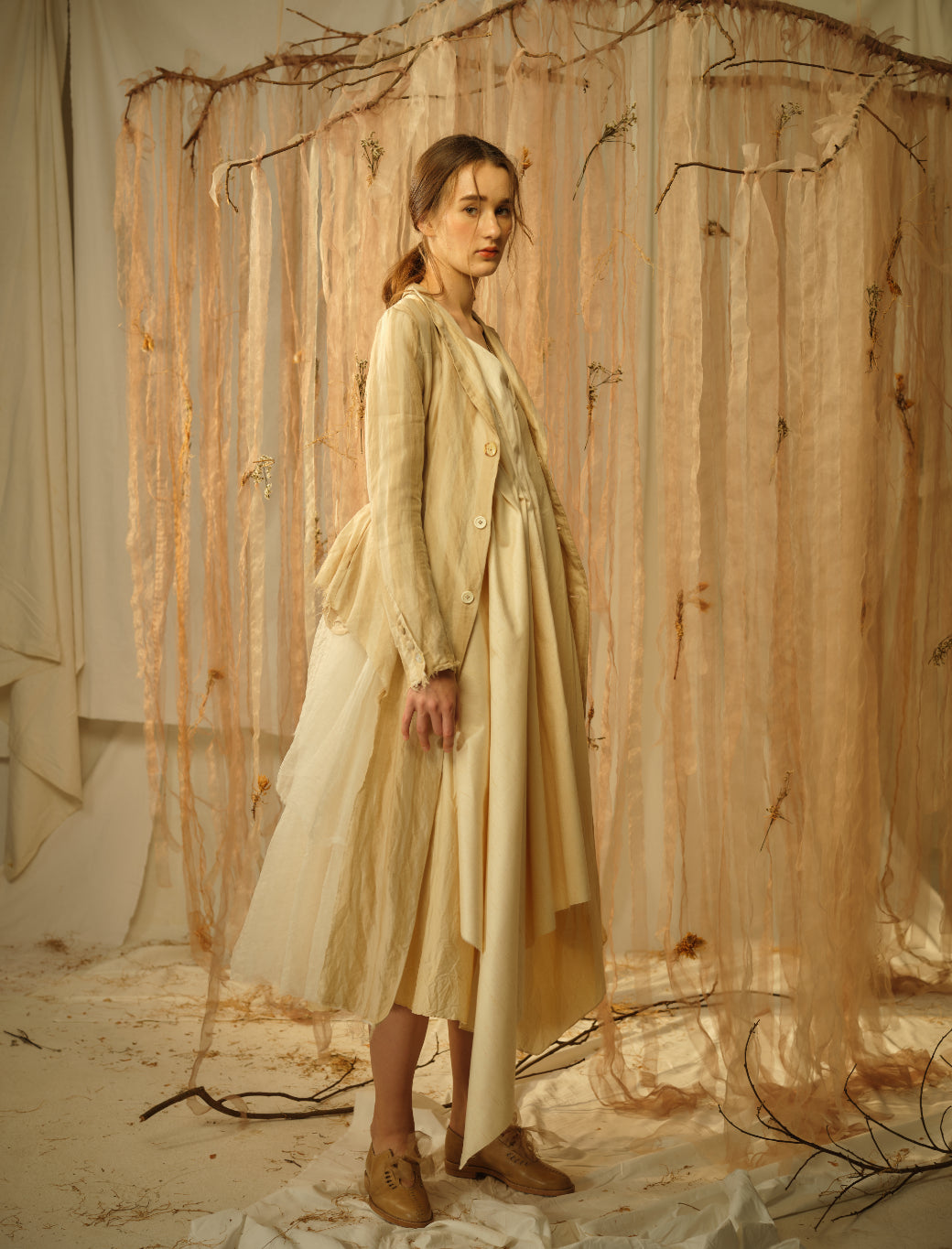 A Tentative Atelier SS21 Lookbook Womens beige jacket and pleated dress
