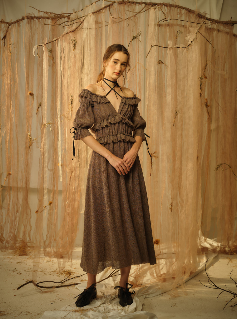 A Tentative Atelier SS21 Lookbook Womens brown criss cross halter dress with ruffles