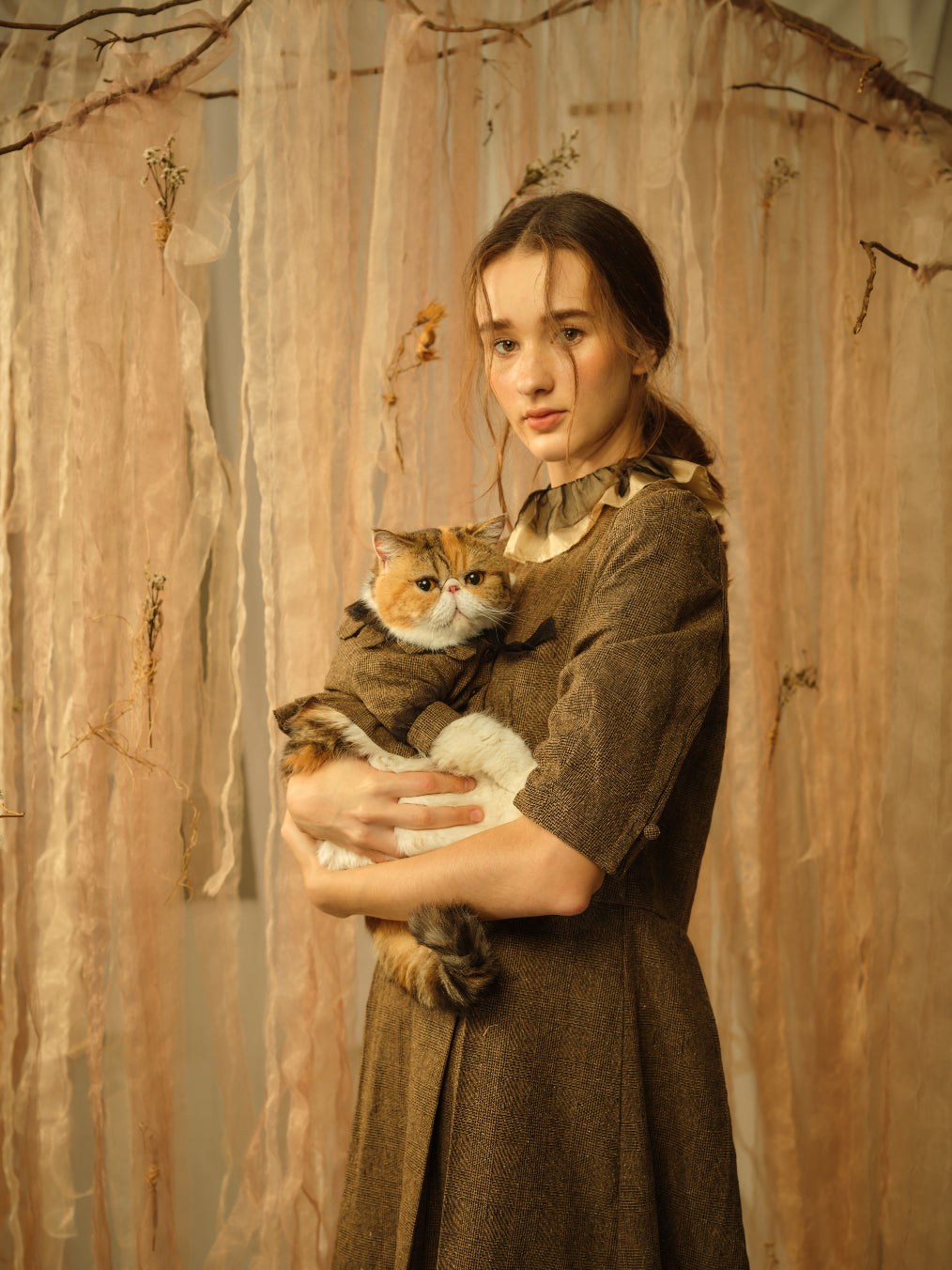 A Tentative Atelier SS21 Lookbook Womens ruffle collar brown dress and cat in matching outfit