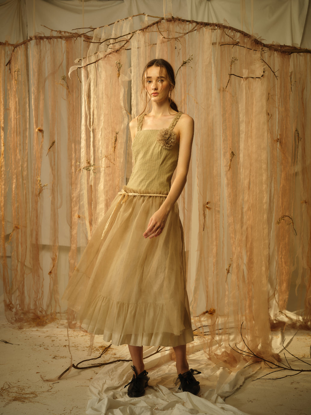 A Tentative Atelier SS21 Lookbook Womens beige strap dress with tulle skirt and flower appliqué
