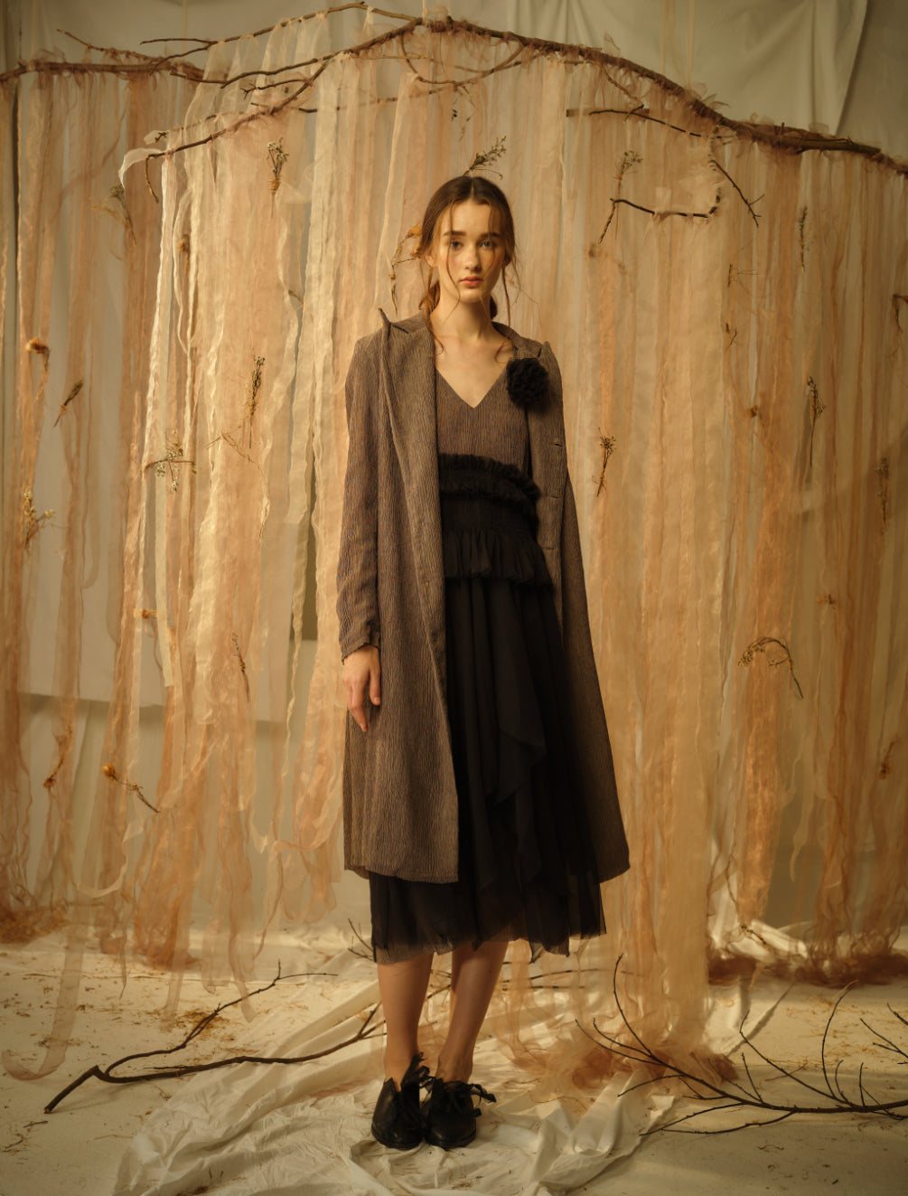 A Tentative Atelier SS21 Lookbook Womens brown coat and black and brown dress