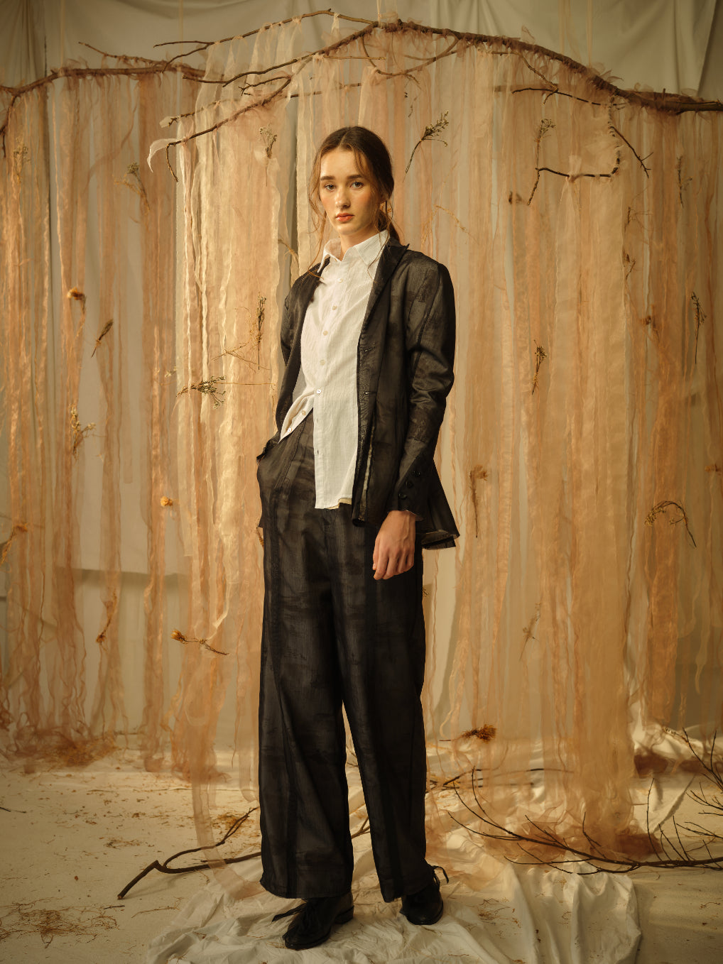A Tentative Atelier SS21 Lookbook Womens black silk suit and white shirt