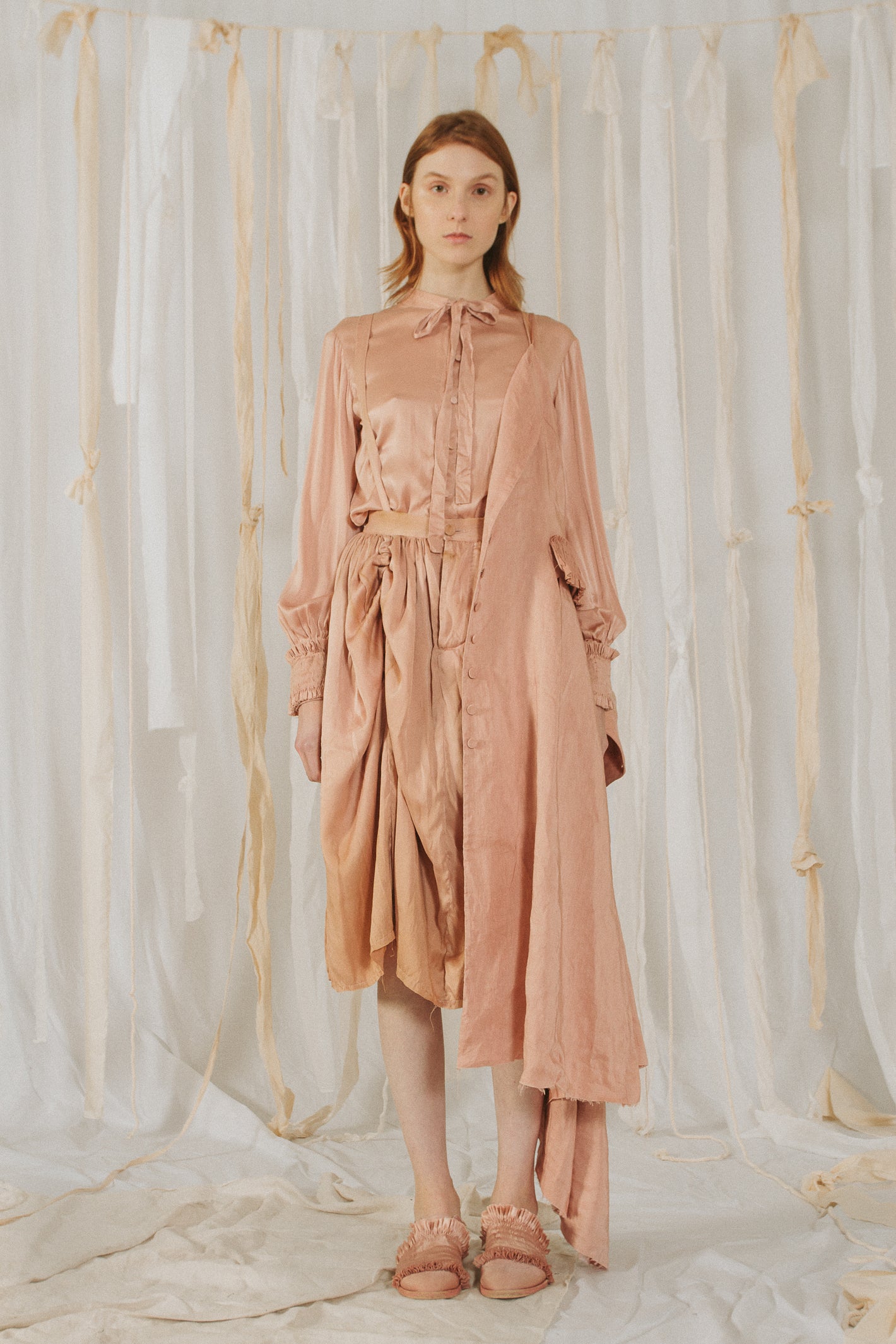 A Tentative Atelier SS18 Lookbook Womens pink silk blouse, coat and draped skirt