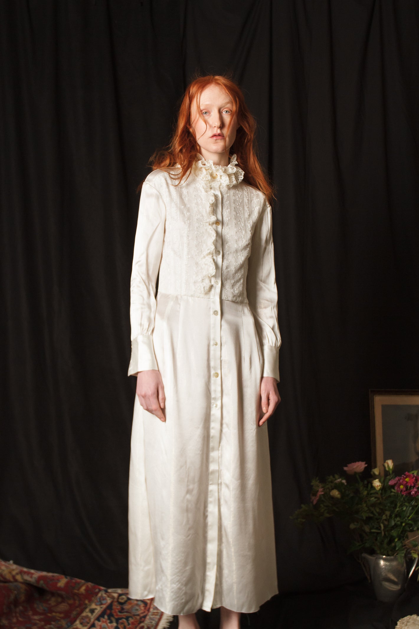 A Tentative Atelier AW18 Lookbook Womens crop of white silk shirt dress with a lace ruffle collar and placket