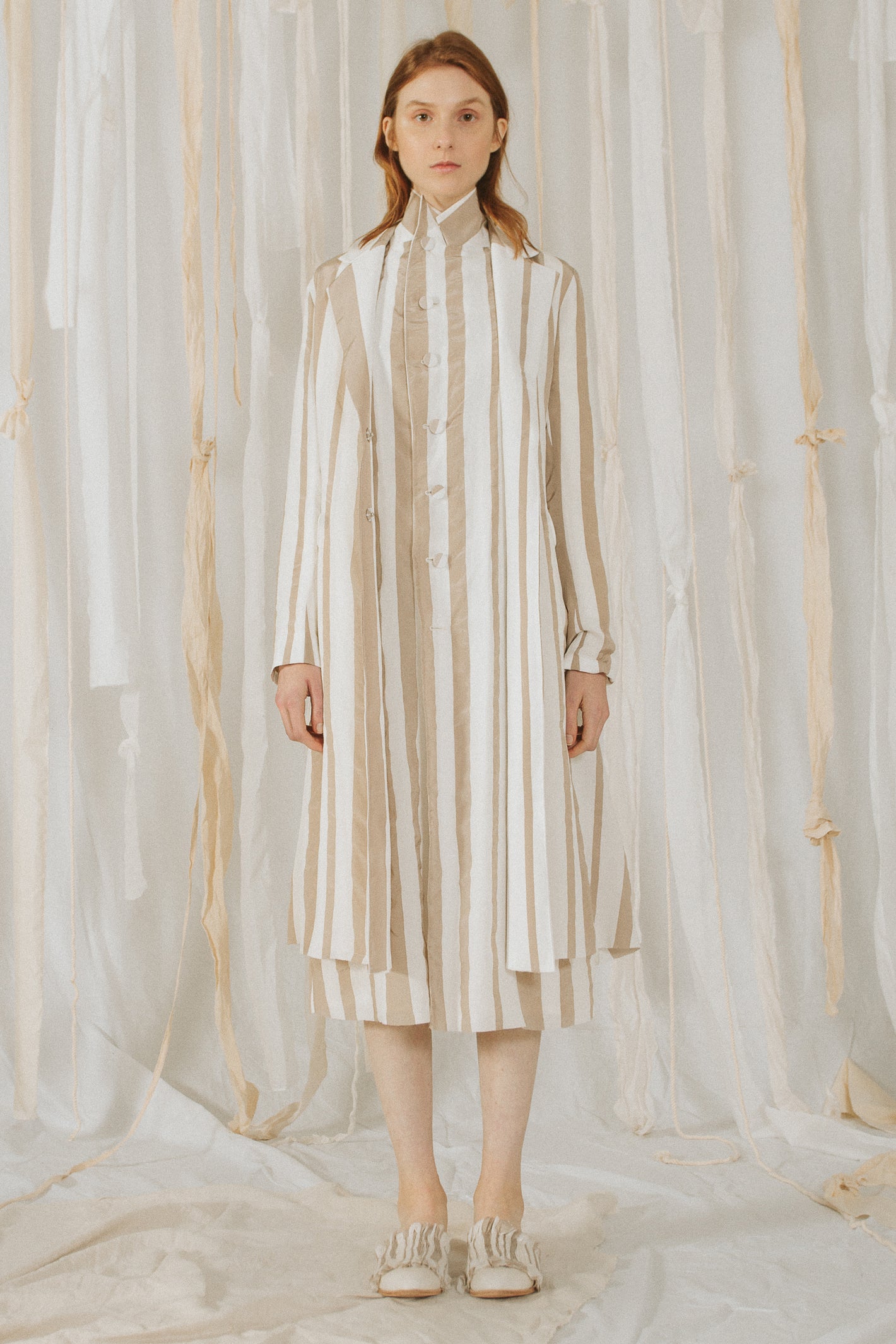 A Tentative Atelier SS18 Lookbook Womens white and beige striped coat