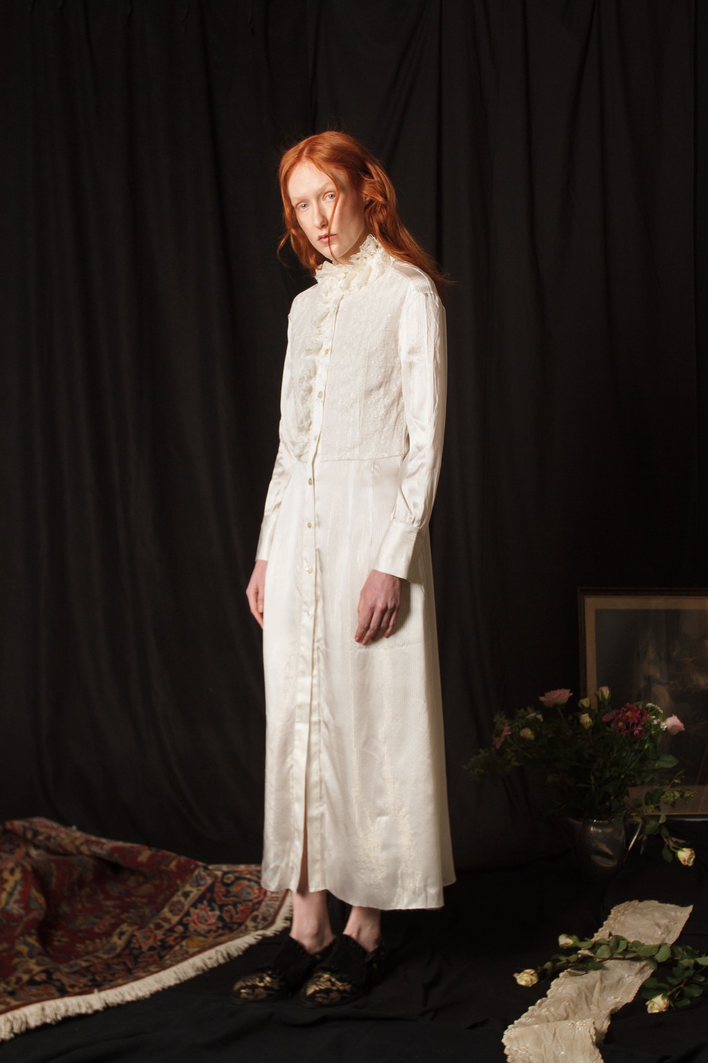 A Tentative Atelier AW18 Lookbook Womens white silk shirt dress with a lace ruffle collar and placket