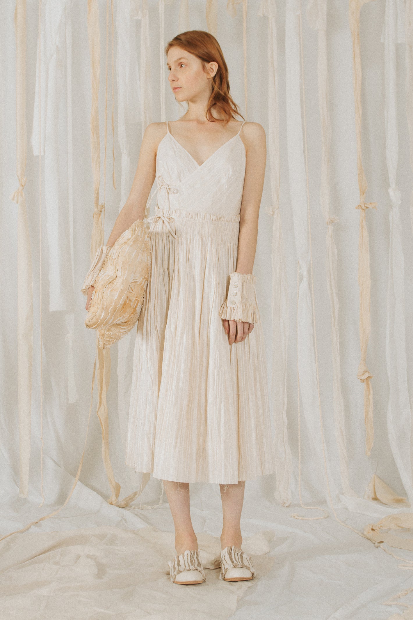 A Tentative Atelier SS18 Lookbook Womens white striped straps dress with side ribbon ties