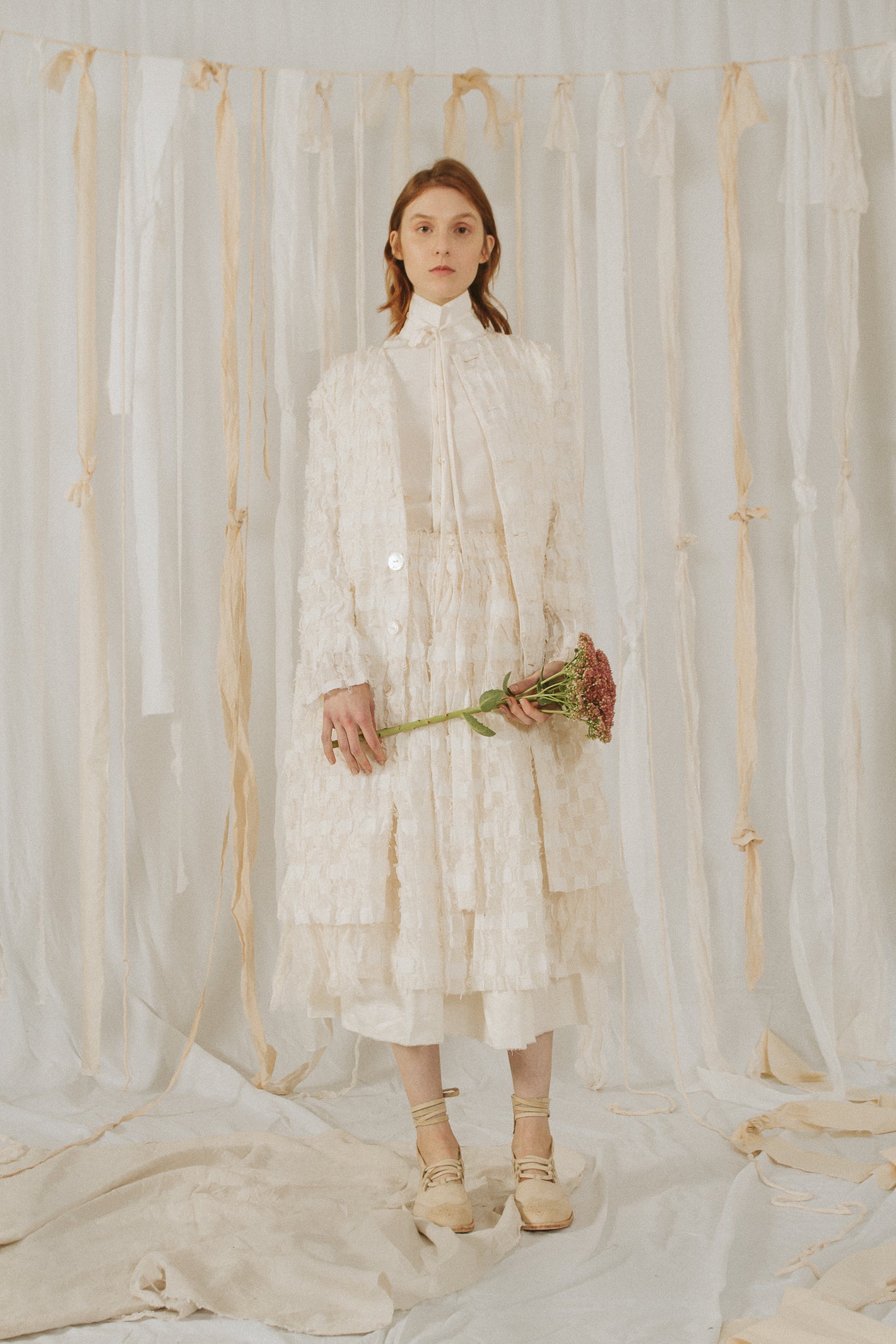 A Tentative Atelier SS18 Lookbook Womens white check fabric coat and skirt