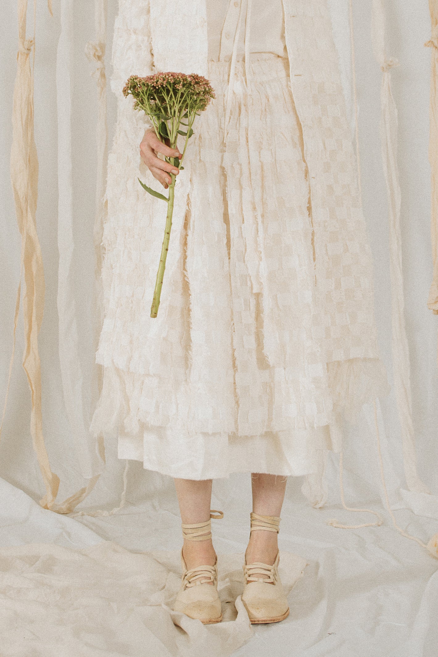 A Tentative Atelier SS18 Lookbook Womens crop of white check fabric elasticated waist skirt
