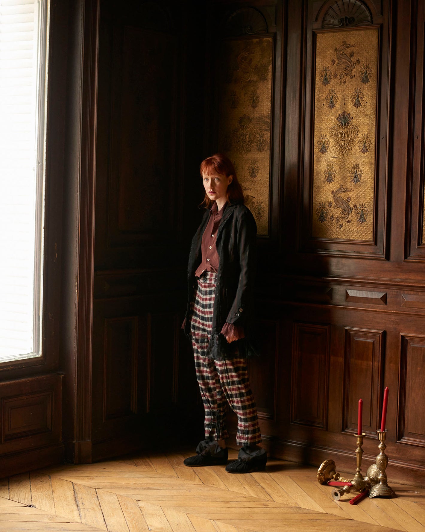 A Tentative Atelier AW20 Lookbook Womens black and brown striped jacket and red navy check trousers