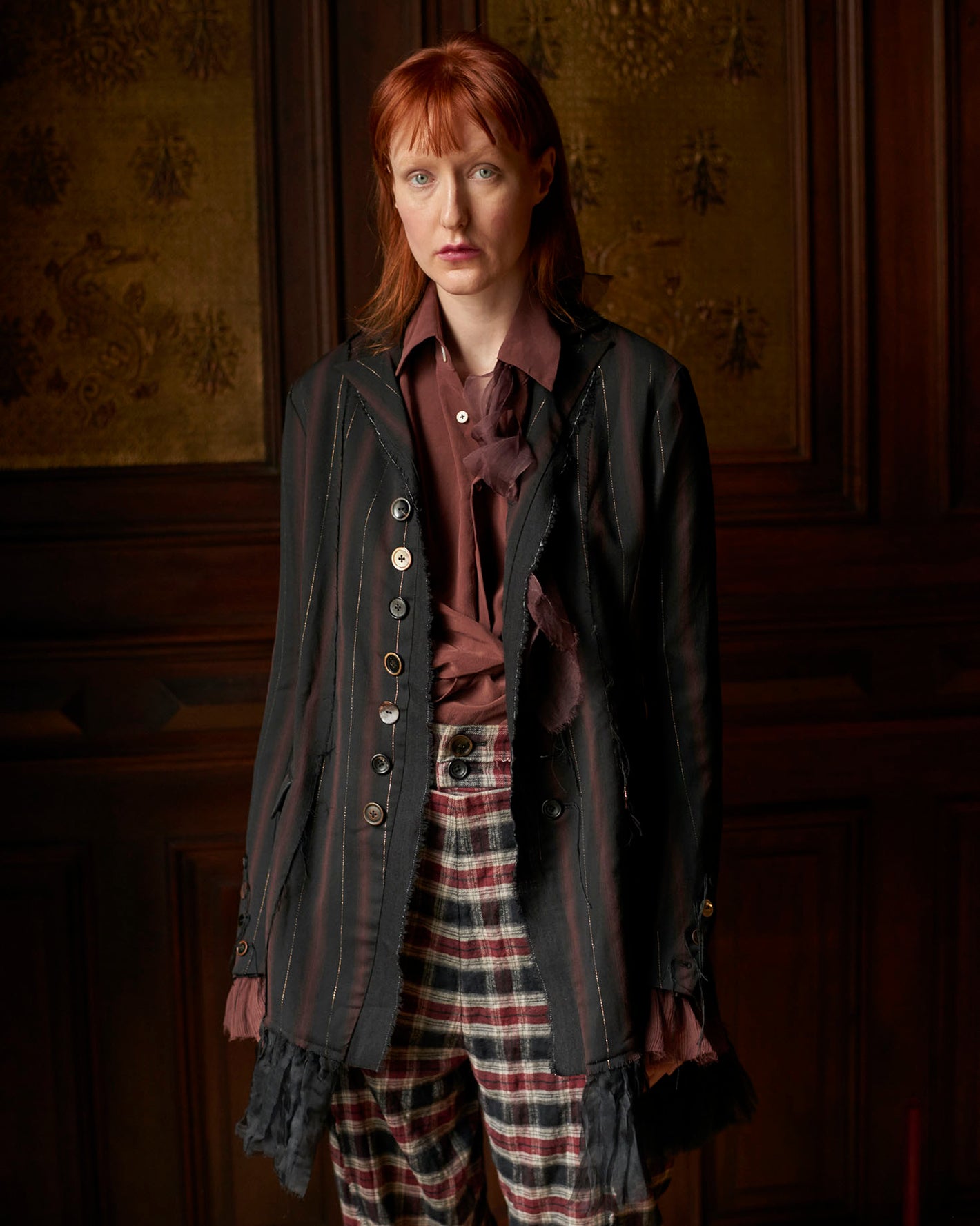 A Tentative Atelier AW20 Lookbook Womens crop of black and brown striped jacket and red navy check trousers