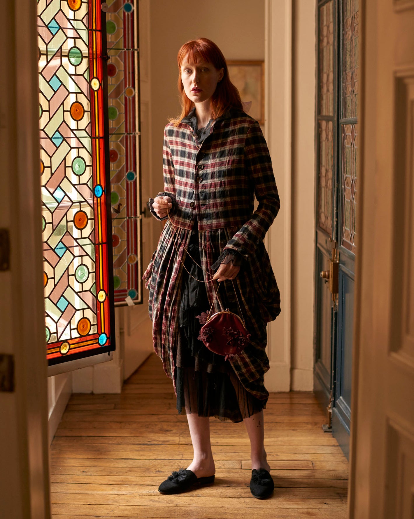 A Tentative Atelier AW20 Lookbook Womens red navy check coat and red round chain bag