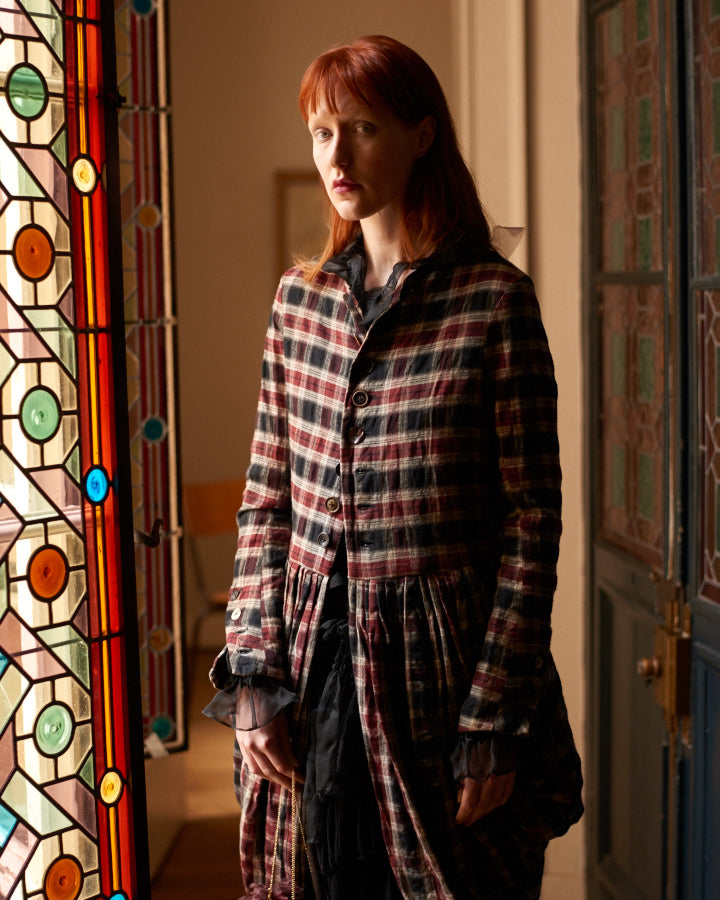 A Tentative Atelier AW20 Lookbook Womens crop of red navy check coat