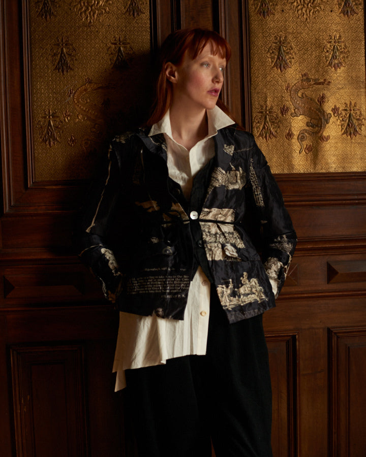 A Tentative Atelier AW20 Lookbook Womens crop of a black and gold silk printed jacket