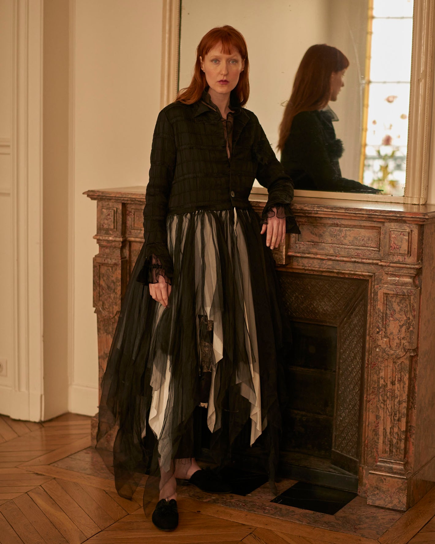 A Tentative Atelier AW20 Lookbook Womens black coat dress with a black and white ballerina skirt 1