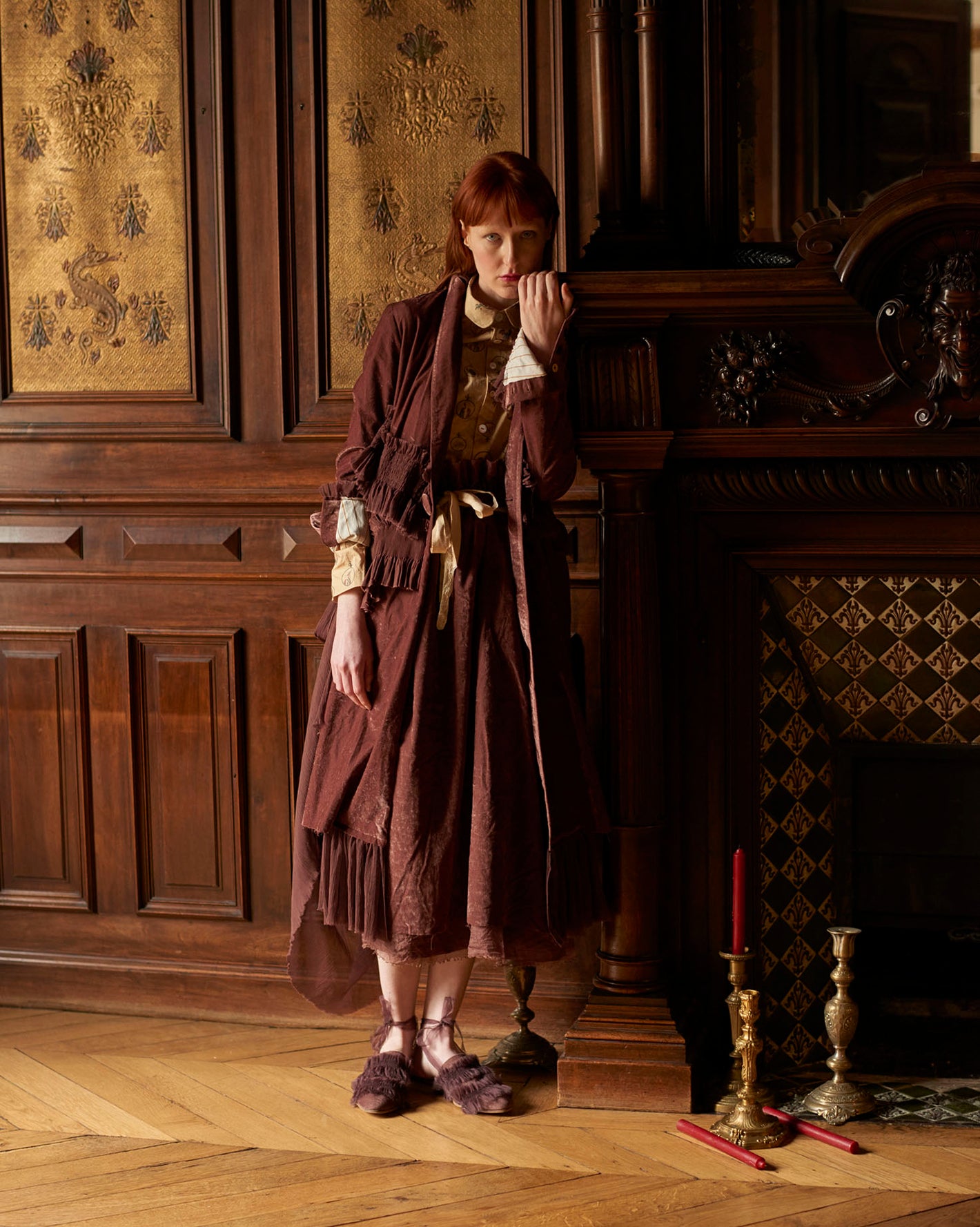 A Tentative Atelier AW20 Lookbook Womens rusty red velvet coat with tulle flower and smocked appliqué