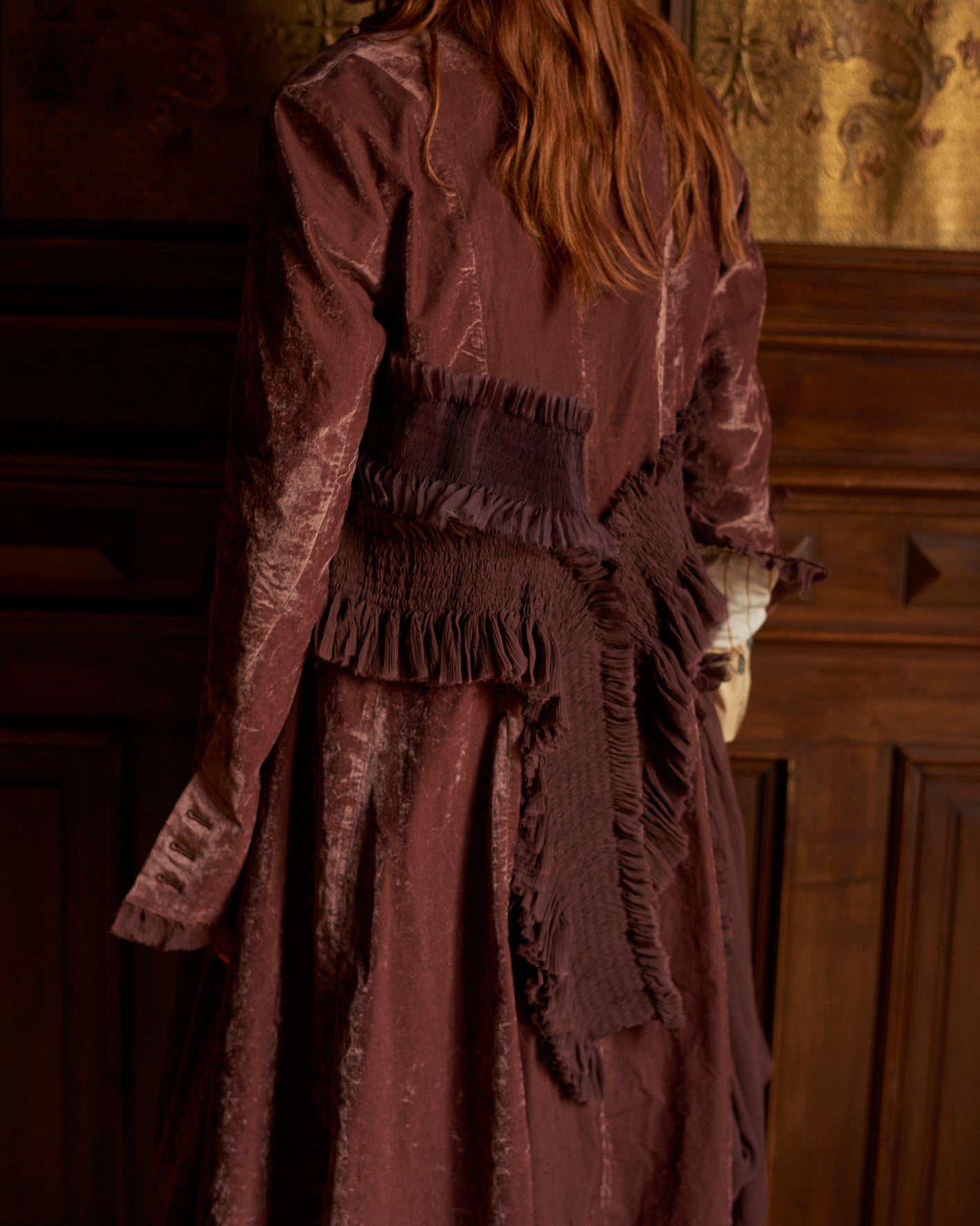 A Tentative Atelier AW20 Lookbook crop of red velvet coat with smocked waist