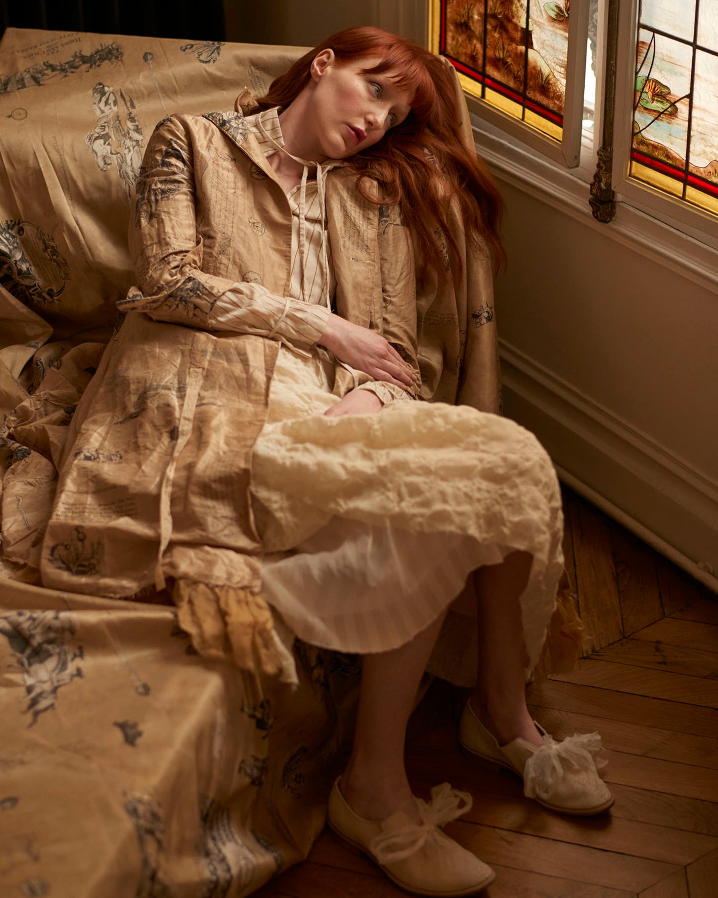 A Tentative Atelier AW20 Lookbook Womens brown crinkled coat and cream dress