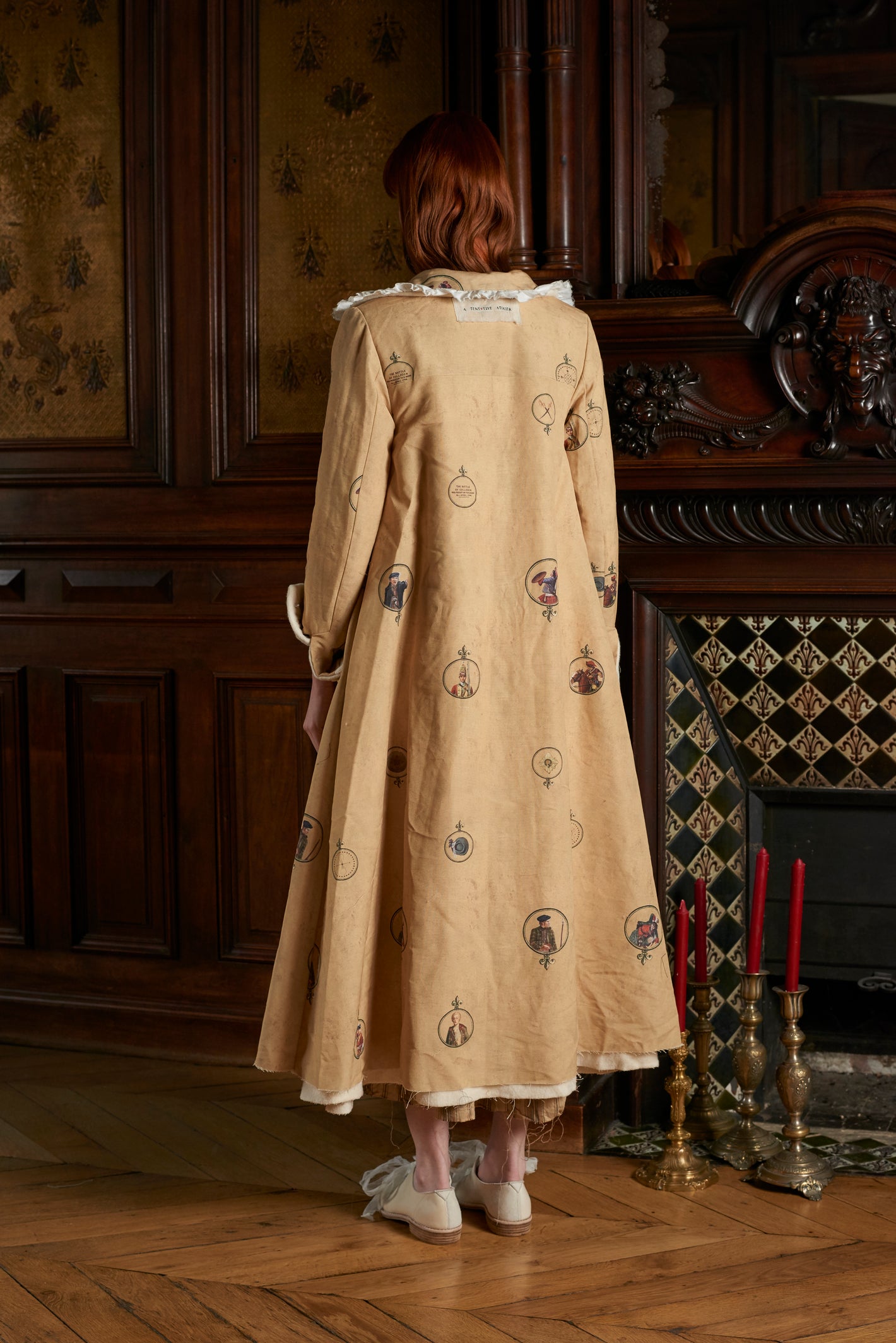 A Tentative Atelier AW20 Lookbook back of a beige printed coat