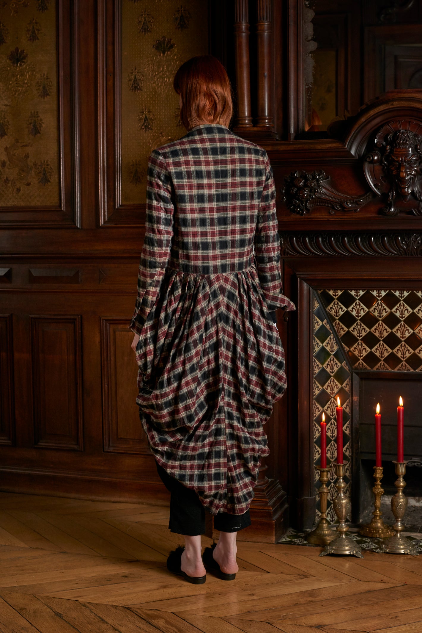 A Tentative Atelier AW20 Lookbook back of a gathered check coat