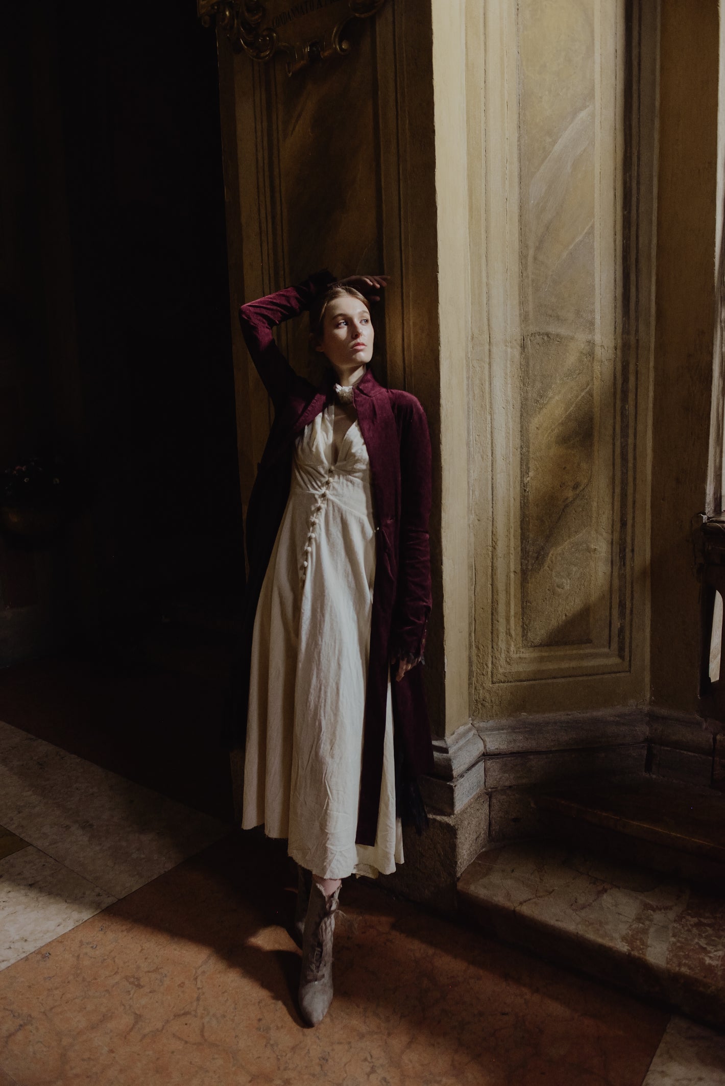 A Tentative Atelier AW19 Lookbook Womens wine red velvet coat and white dress