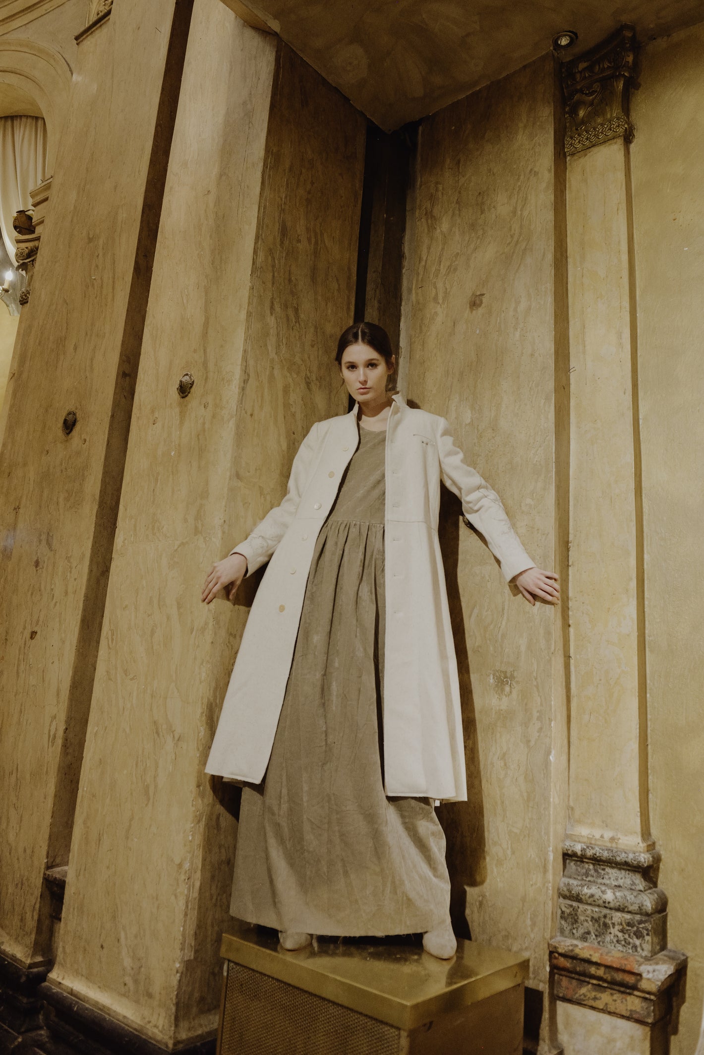 A Tentative Atelier AW19 Lookbook Womens white coat and beige velvet long dress