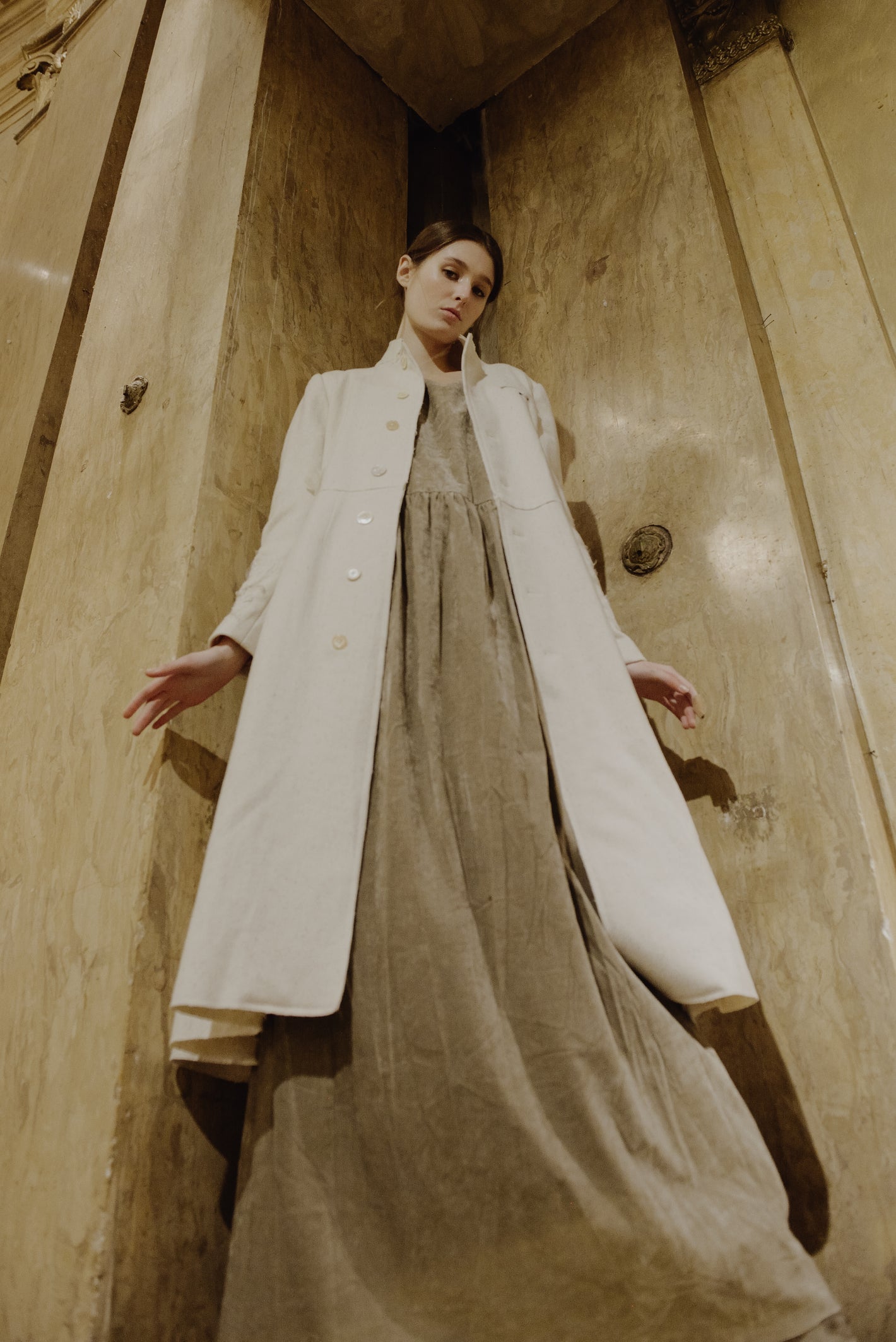 A Tentative Atelier AW19 Lookbook Womens crop of white coat and beige velvet long dress