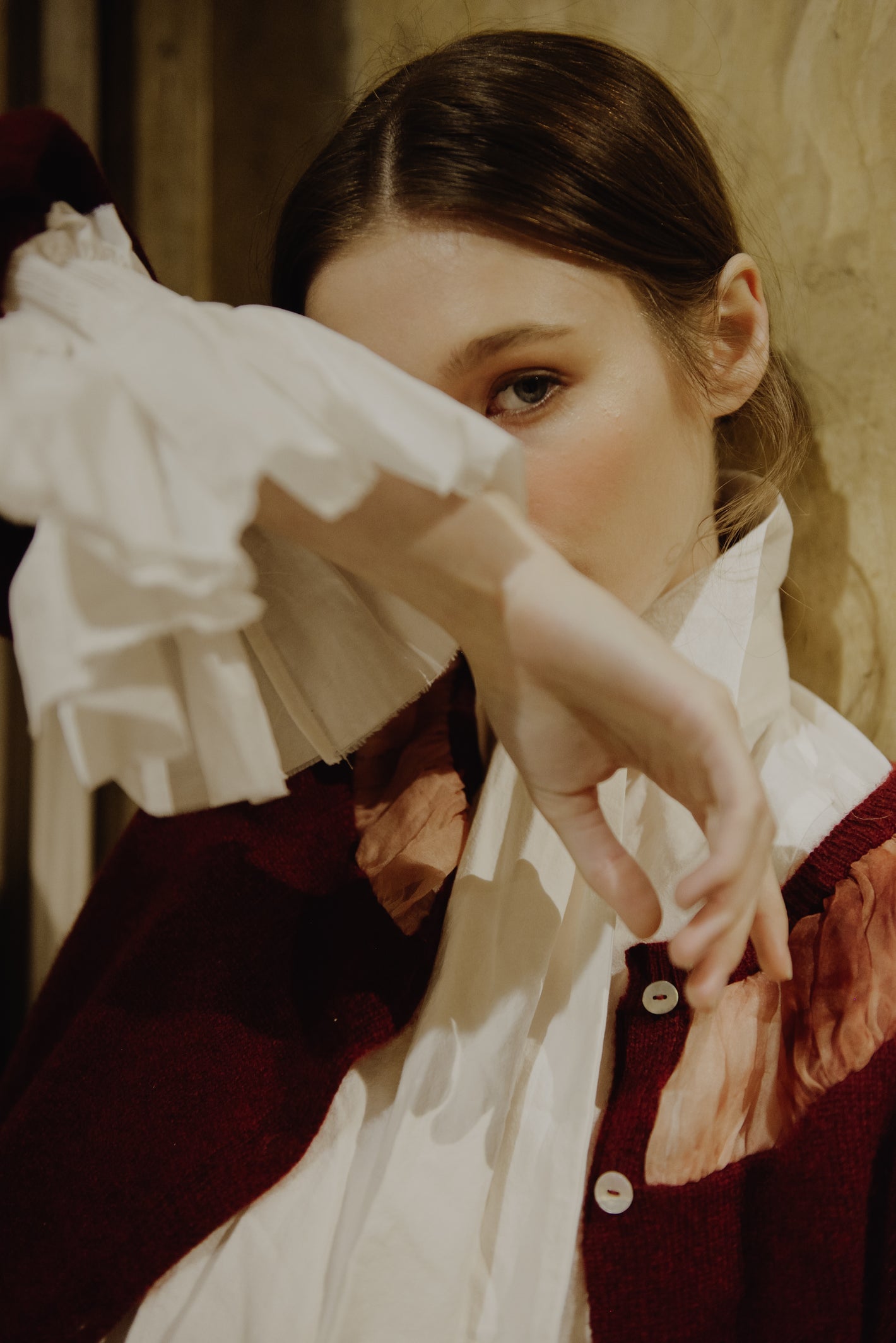 A Tentative Atelier AW19 Lookbook Womens crop of a white shirt with pleated cuffs