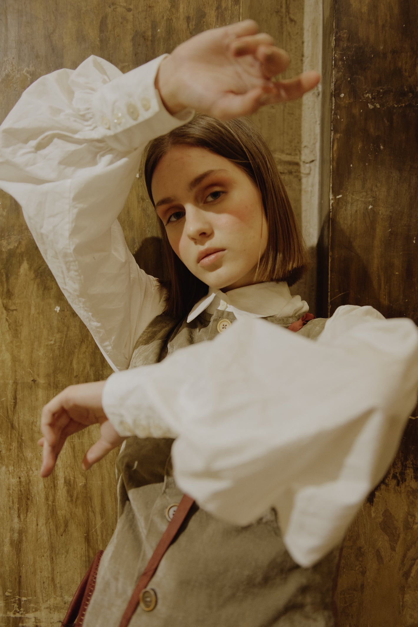 A Tentative Atelier AW19 Lookbook Womens crop of a white shirt with puff sleeves