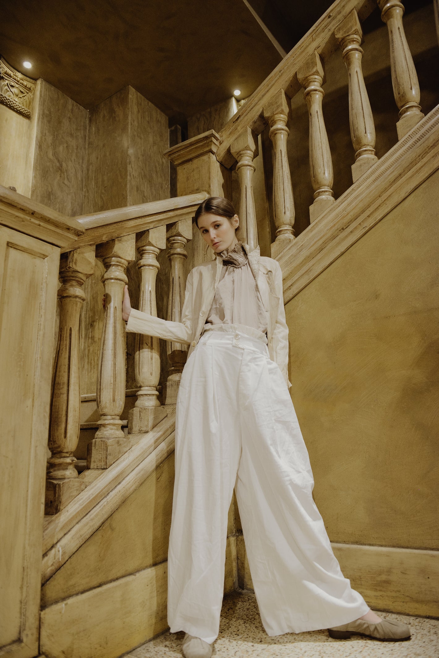 A Tentative Atelier AW19 Lookbook Womens cream jacket and wide leg white trousers