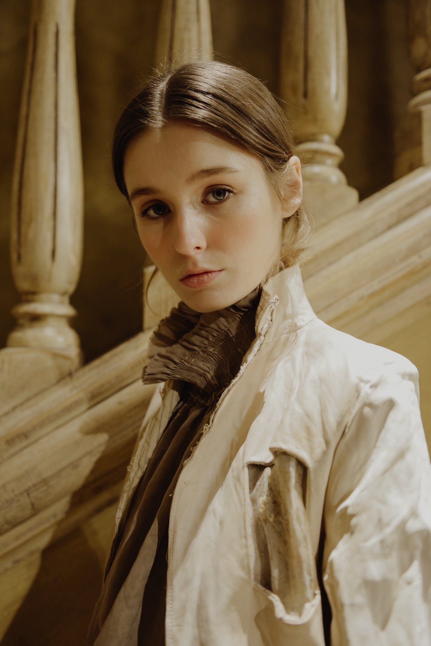 A Tentative Atelier AW19 Lookbook Womens crop of a white high collar coat