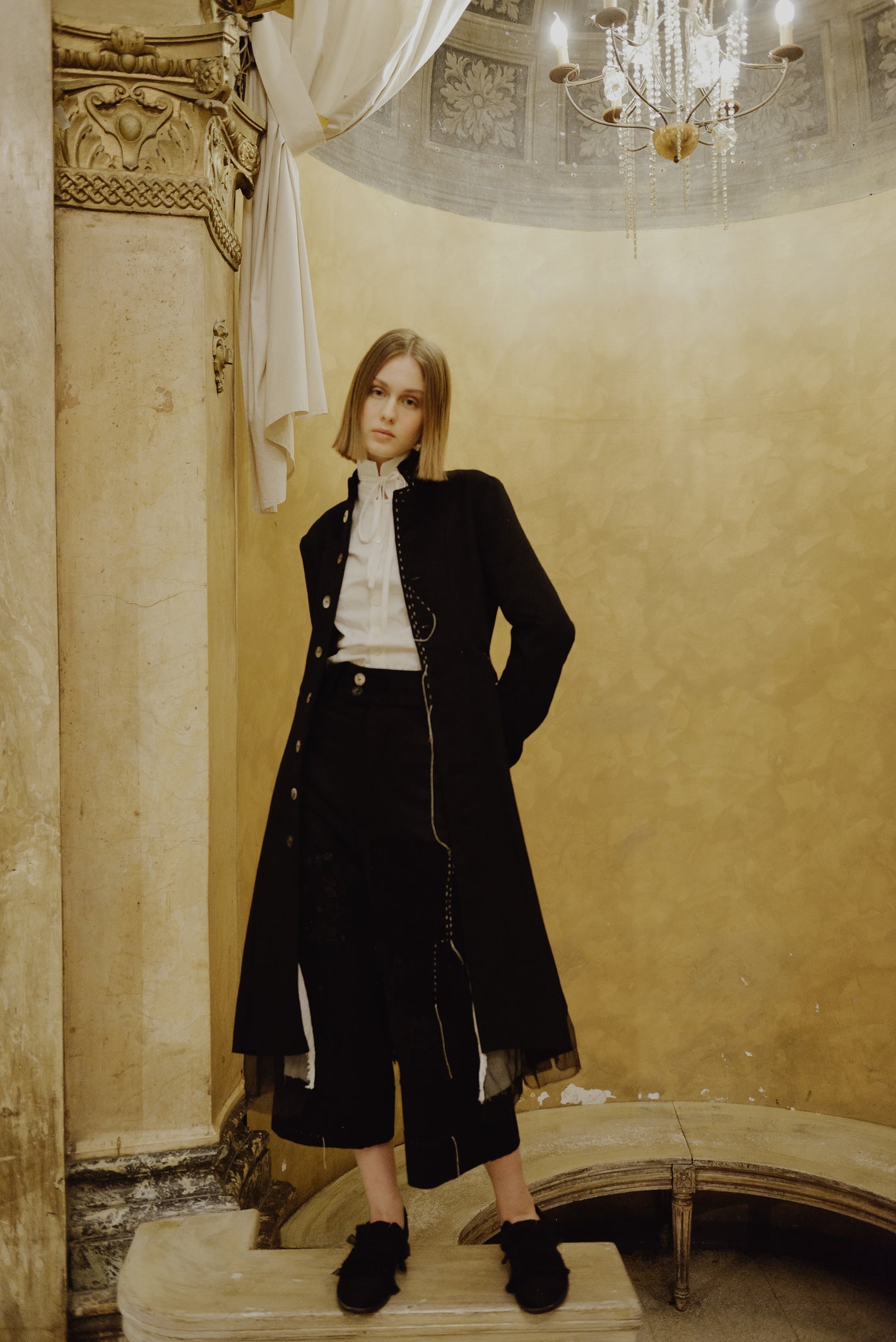 A Tentative Atelier AW19 Lookbook Womens black coat and trousers