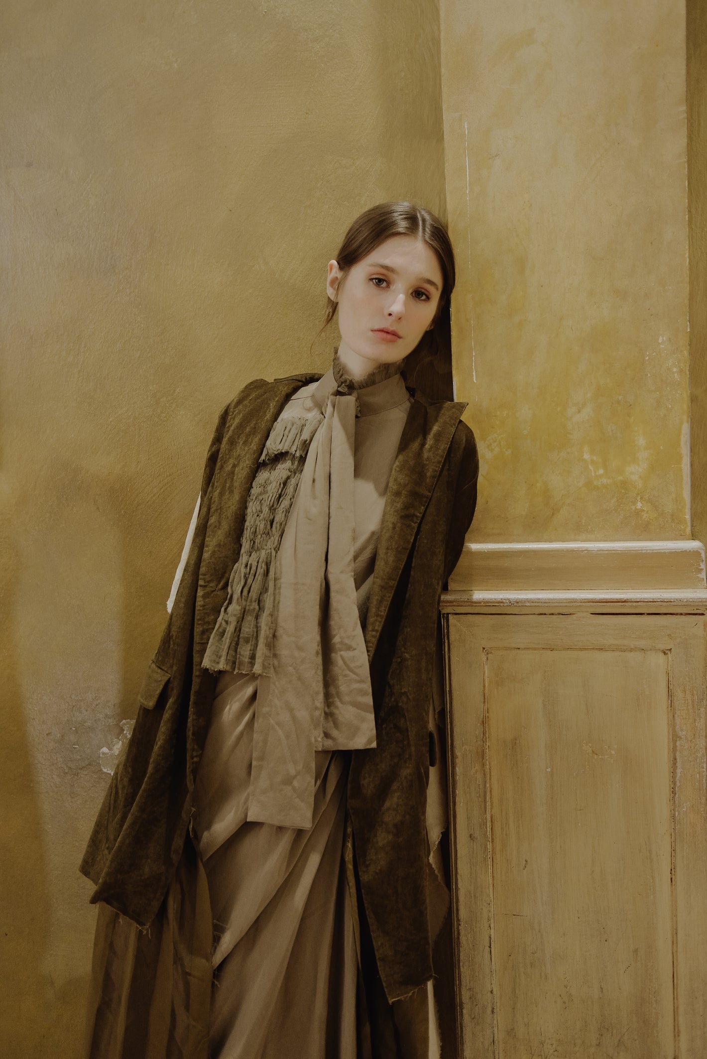 A Tentative Atelier AW19 Lookbook Womens crop of moss green velvet coat and brown draped dress