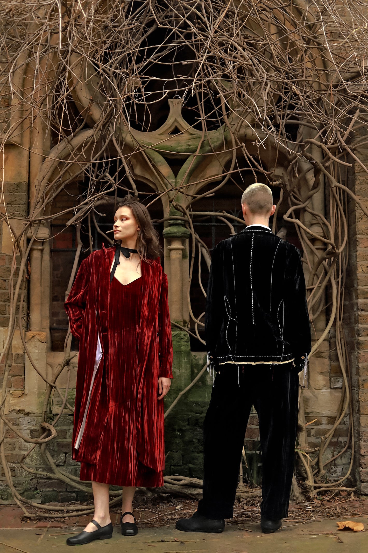 A Tentative Atelier AW23 Womens and Mens Lookbook red velvet dress, black velvet jacket