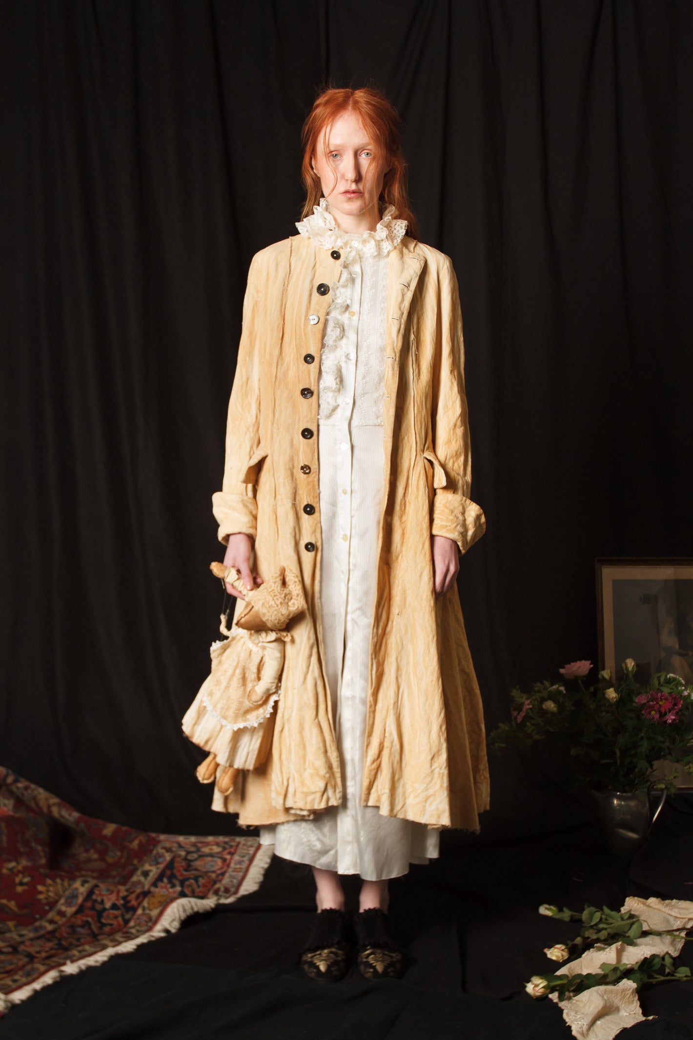 A Tentative Atelier AW18 Lookbook Womens beige velvet coat with matching toy plushie